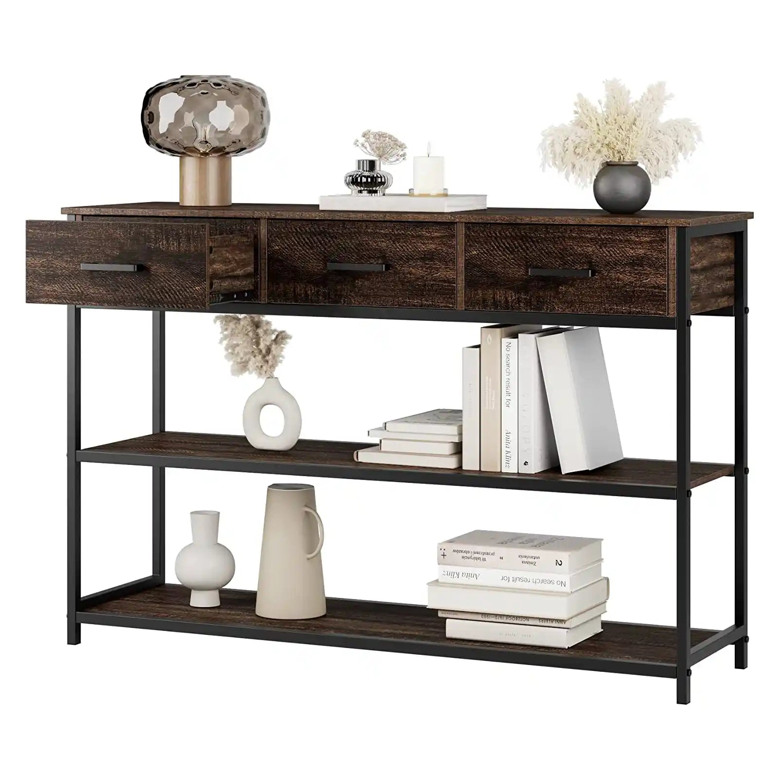 Console Table with 3 Drawers, Industrial Sofa Table, Entryway Table with 3-Tier Storage Shelves, Rustic Narrow Entry Table for Living Room/Entryway/Hallway, Stable Metal Support