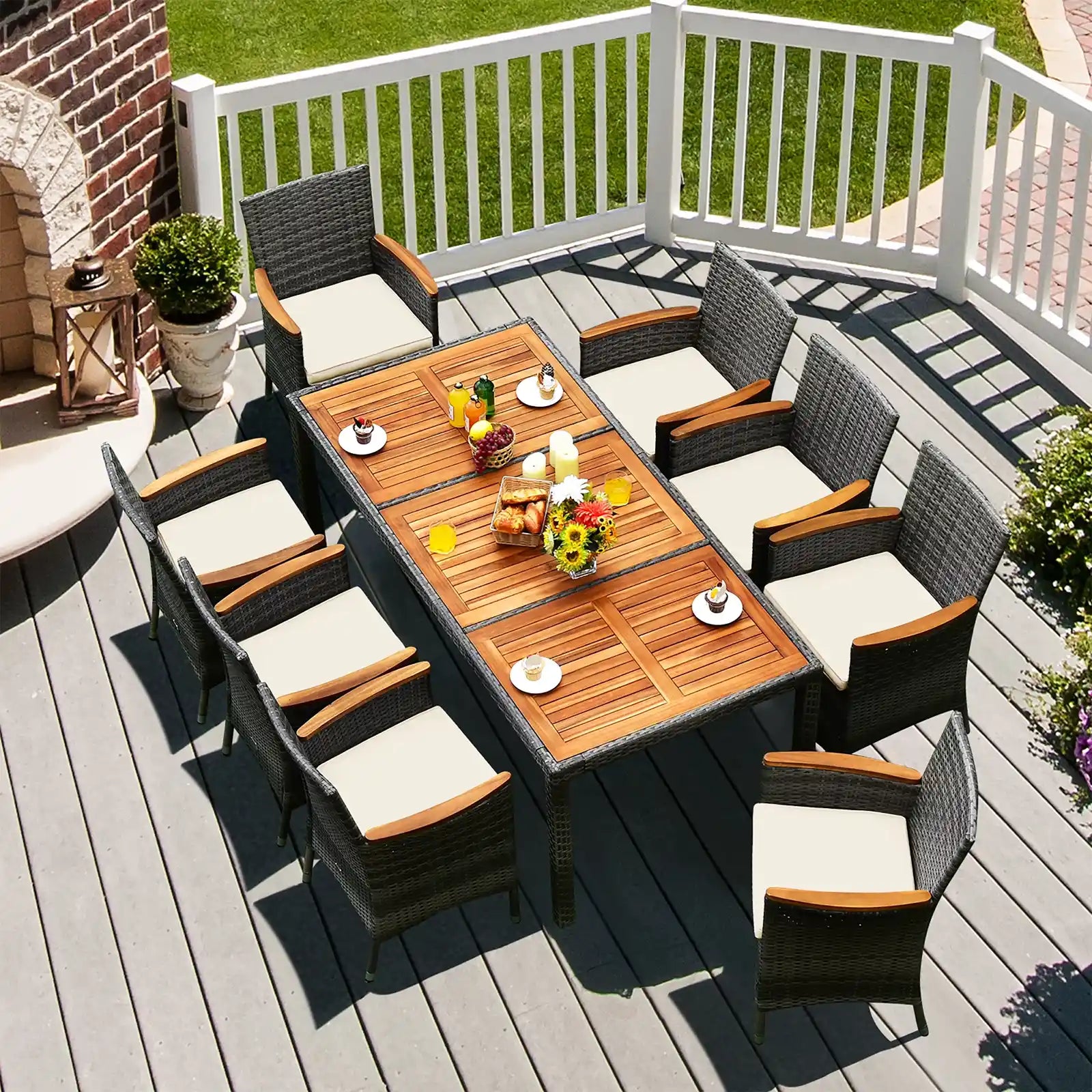 9-Piece Patio Rattan Dining Set with Acacia Wood Table and Cushioned Chairs