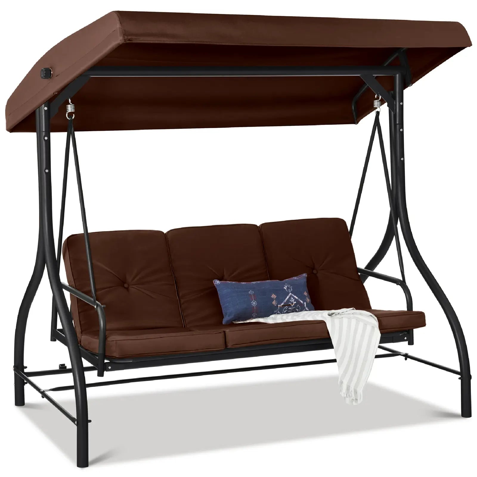 Outdoor Converting Canopy 3-Seat Swing Glider Patio Hammock w/ Removable Cushions