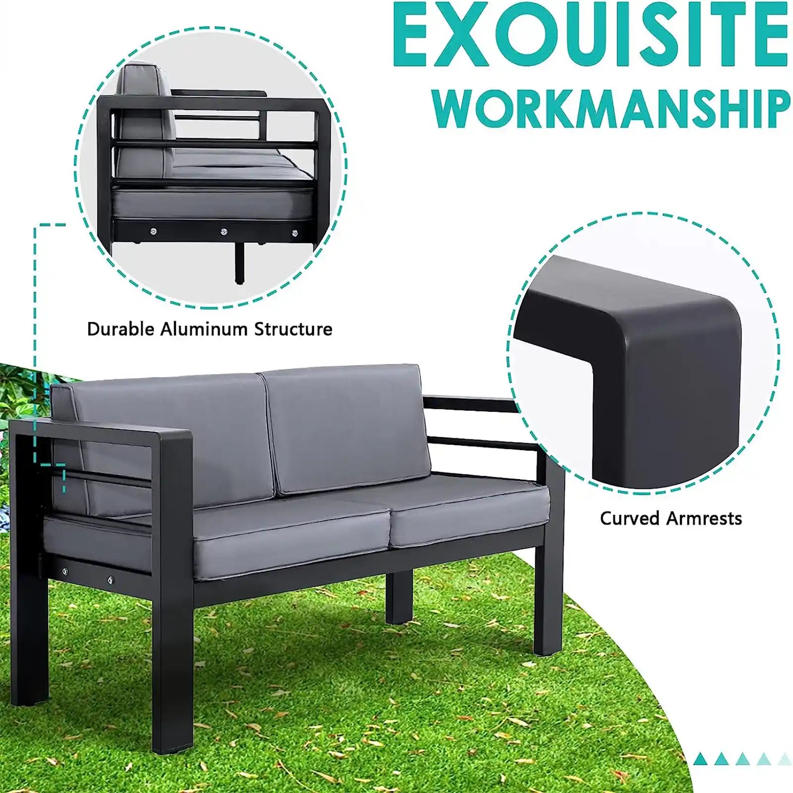 Oversized Aluminium Patio Furniture Set, 7 Pieces Modern Outdoor All-Weather Modern Sectional Sofa, Conversation Set with Grey Comfort Cushions,Ottomans and Table
