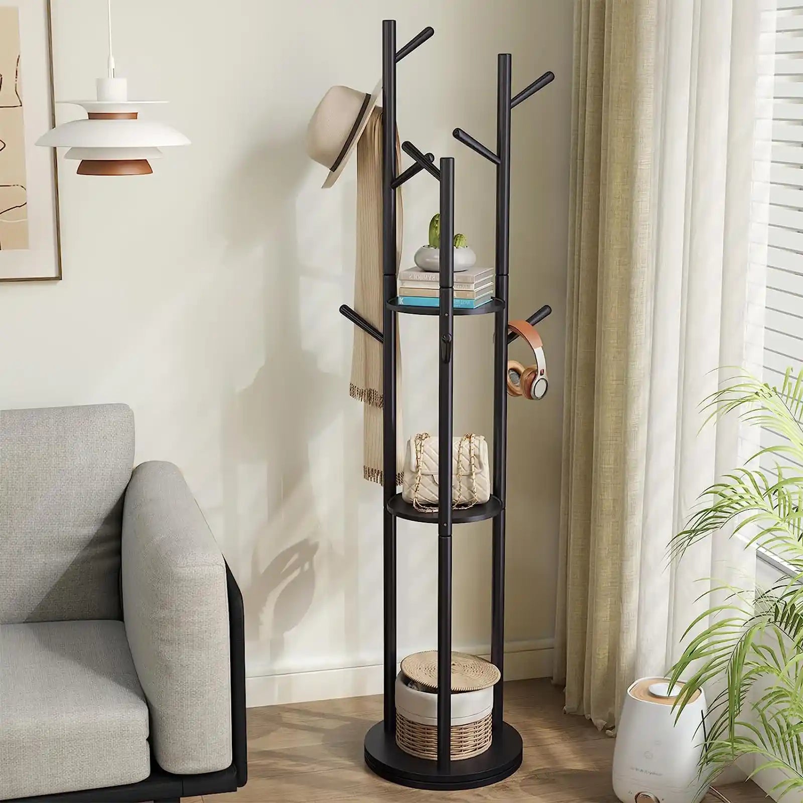 Rotary Coat Rack, Wooden Coat Rack Freestanding with 3 Shelves and 9 Hooks, Coat Tree, Sturdy and Easy Assembly Coat Rack Stand for Entryway,Hallway,Bedroom,Coats,Bags,Hats