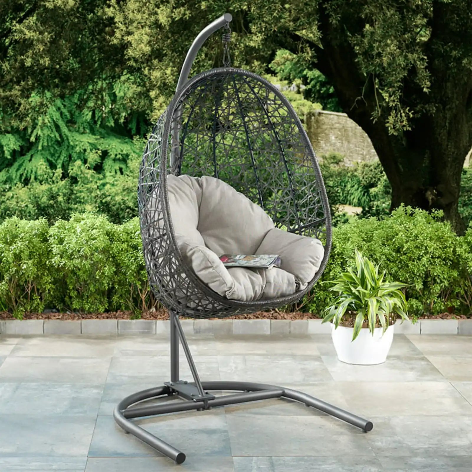 Patio Wicker Hanging Egg Chair with Stand and Cushion