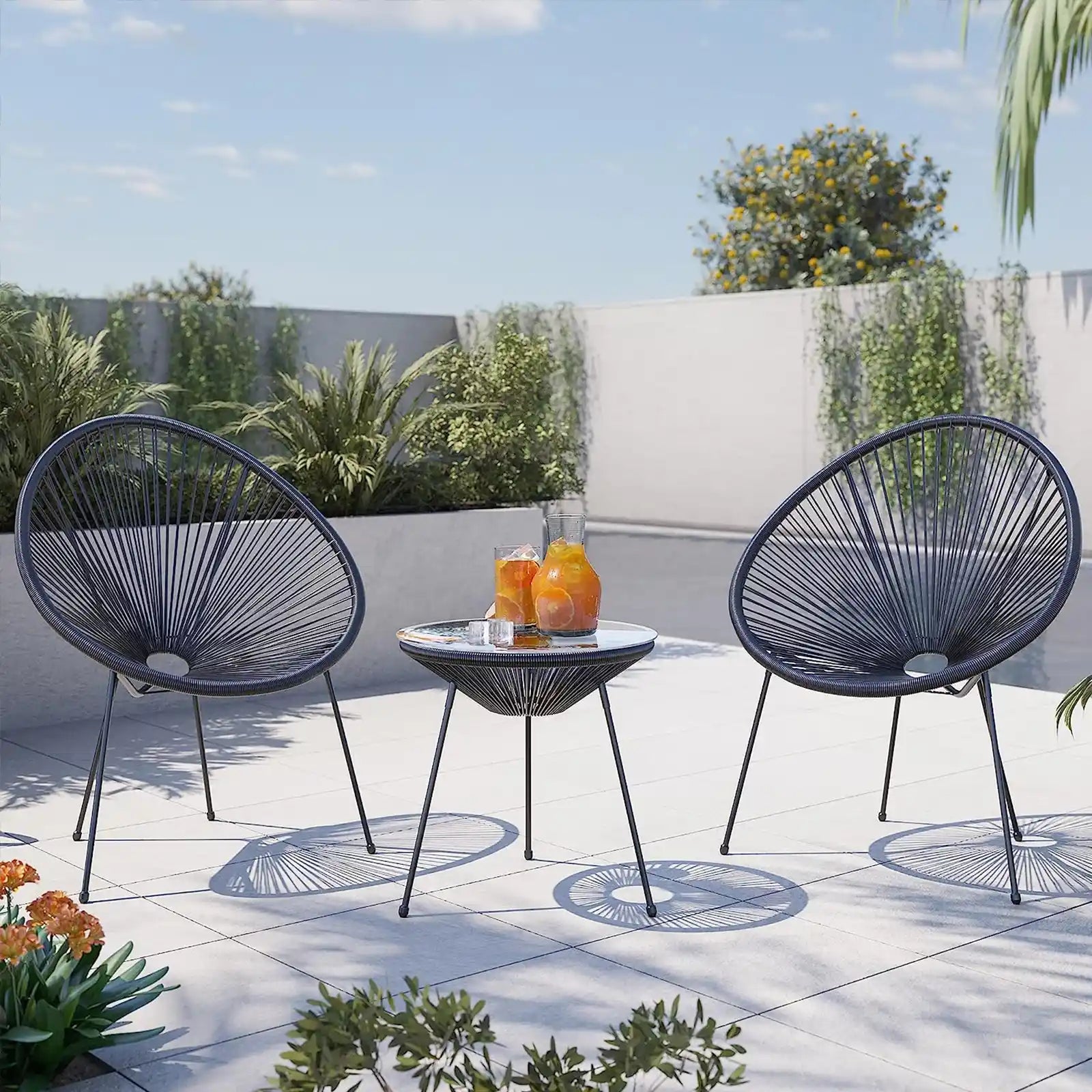 3 Piece Modern Rattan Patio Bistro Set with Round Chairs and Glass Top Accent Table, Wicker Outdoor Furniture for Backyard or Porch