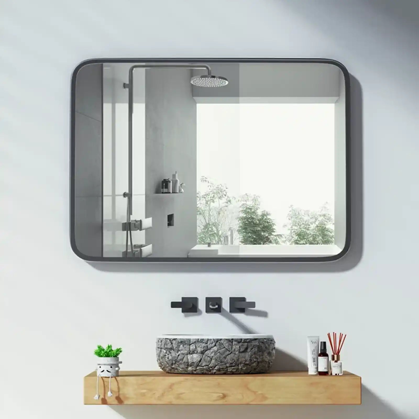 Espejo de baño, espejo de tocador montado en la pared, 28.0 x 35.8 in, espejos de pared rectangulares de esquina redondeada, decoración del hogar, espejo de baño con marco de metal para sala de estar, dormitorio, cuelga horizontal o vertical