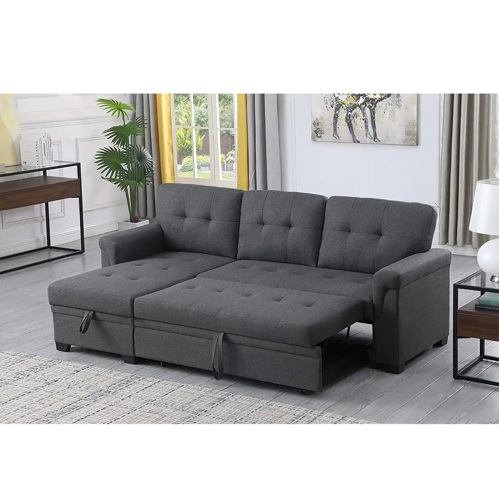 Linen Reversible Sleeper Sectional Sofa with Storage Chaise