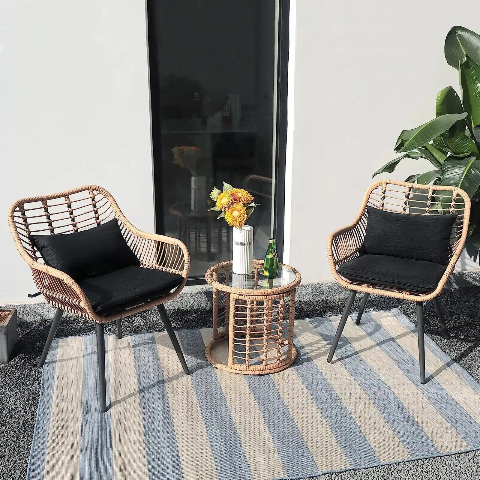 3 Piece Outdoor Wicker Furniture Bistro Set, Patio Rattan Conversation Set with Round Glass Top Coffee Side Table, Cushions for Porch, Backyard, Deck