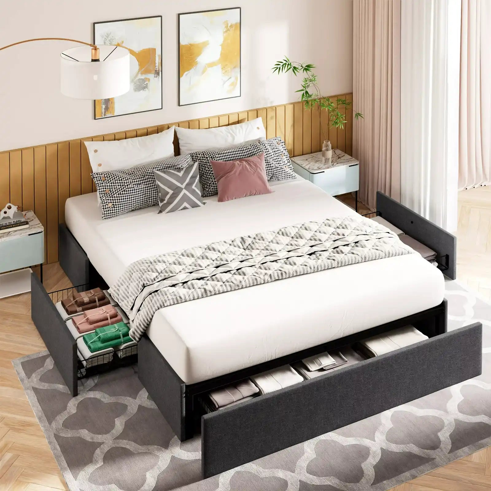 Estructura de cama con plataforma tapizada, 3 cajones de almacenamiento y listones de madera, gris oscuro 