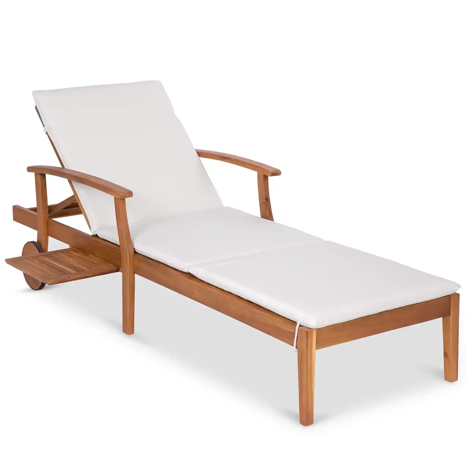 Chaise Lounge de madera de acacia para exteriores con respaldo ajustable, mesa y ruedas