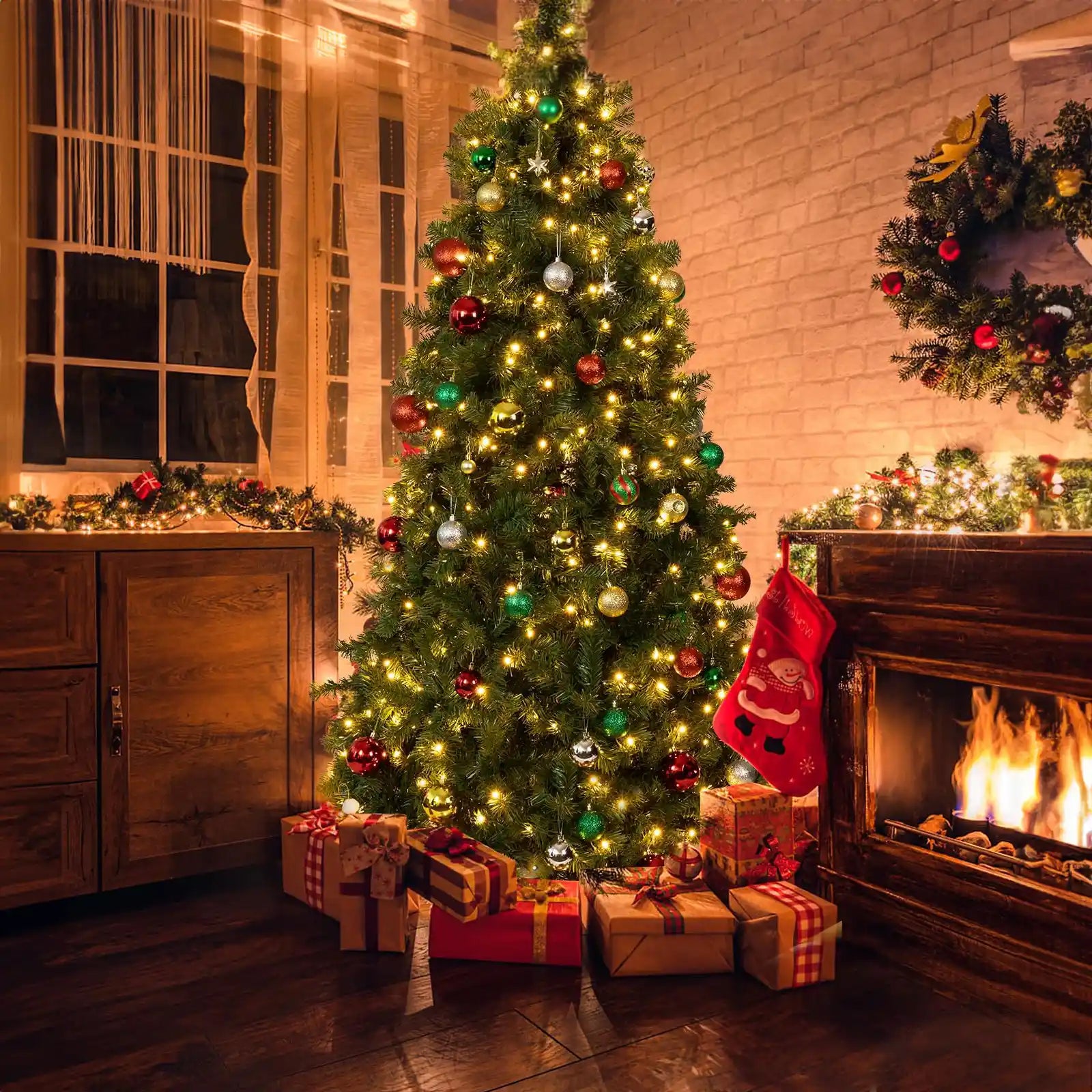 Árbol de Navidad preiluminado de 7.5 pies, árbol de Navidad artificial de abeto con luces blancas cálidas, árbol de Navidad con bolsa de almacenamiento y soporte de metal para decoración navideña interior y exterior 