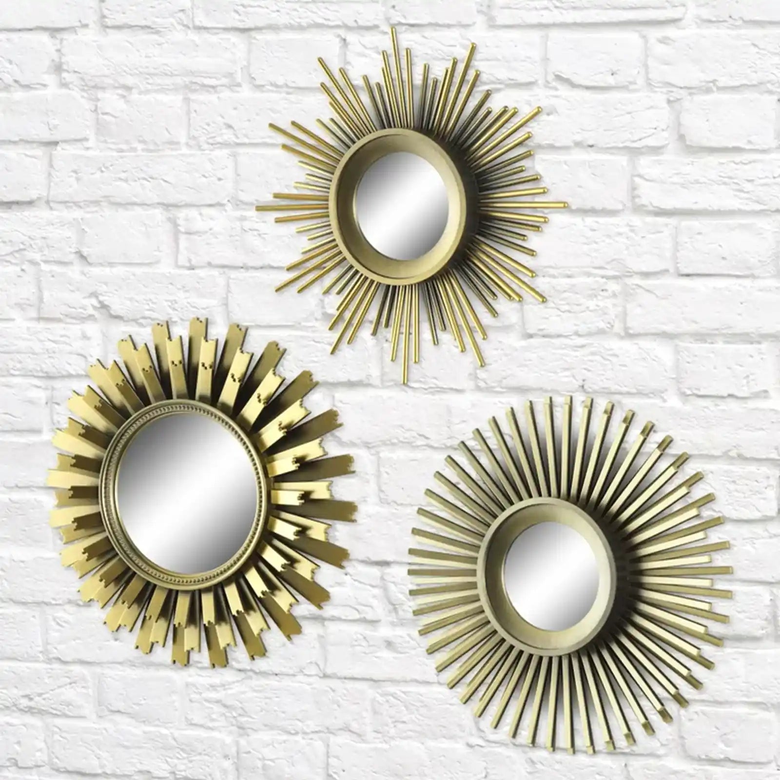 3-Piece Round Sunburst Mirror Set in Gold Finish