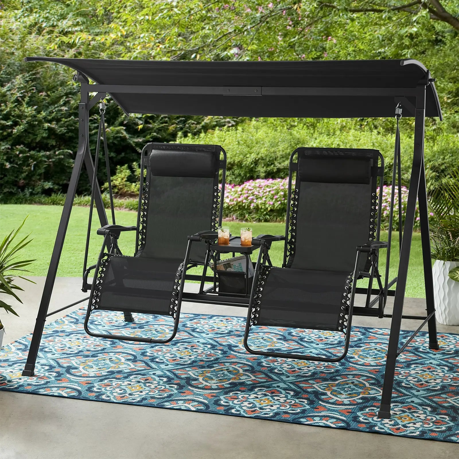 Outdoor Reclining Swing with Canopy and Center Storage Console for 2 Person