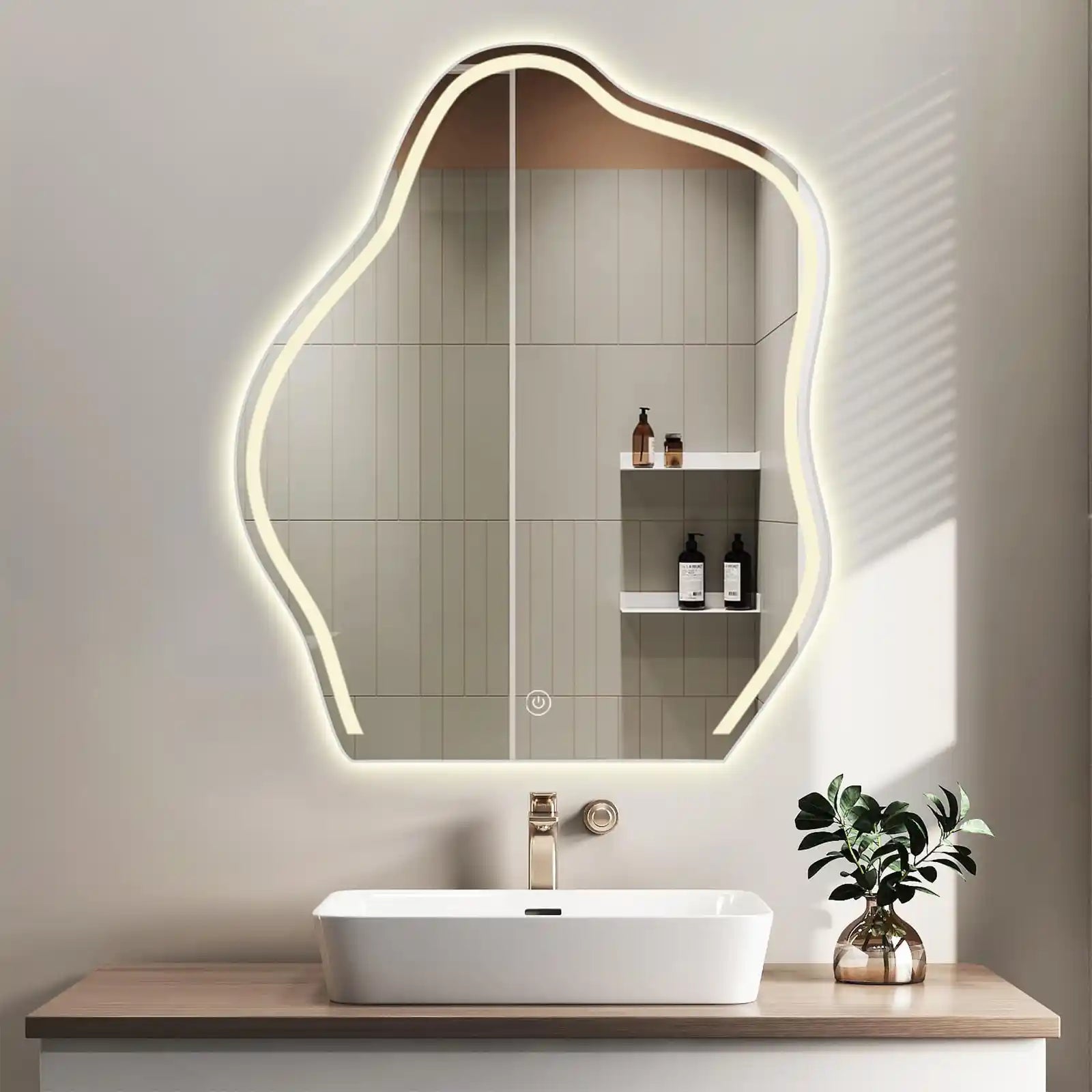 Irregular Wall Mirror with LED 24x36 inch, 3 Colors Vanity Mirror, Glass Shartter Proof, Decorative Mirror for Living Room Entryway