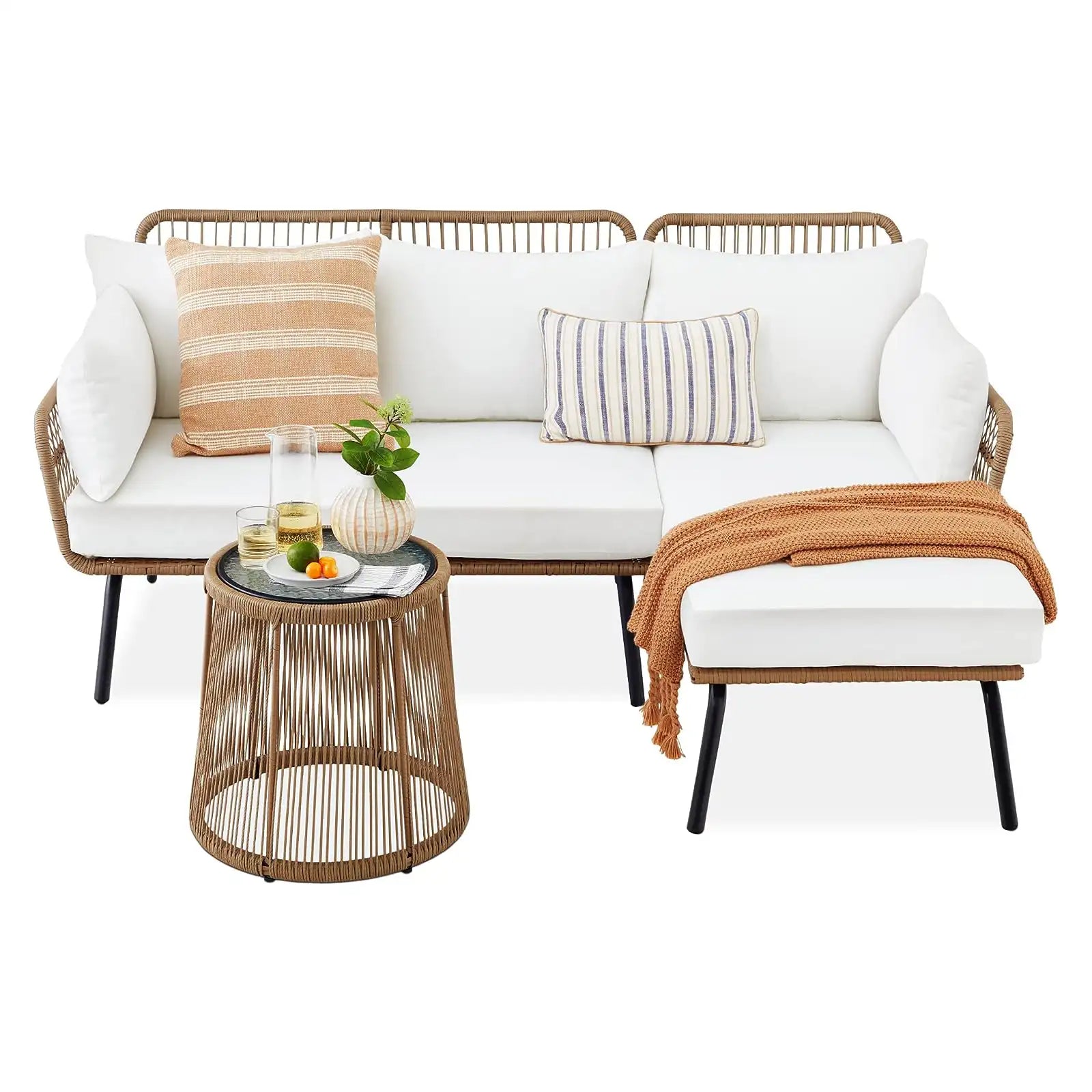 Outdoor Rope Woven Sectional Patio Furniture L-Shaped Conversation Sofa Set for Backyard, Porch w/Thick Cushions, Detachable Lounger, Side Table