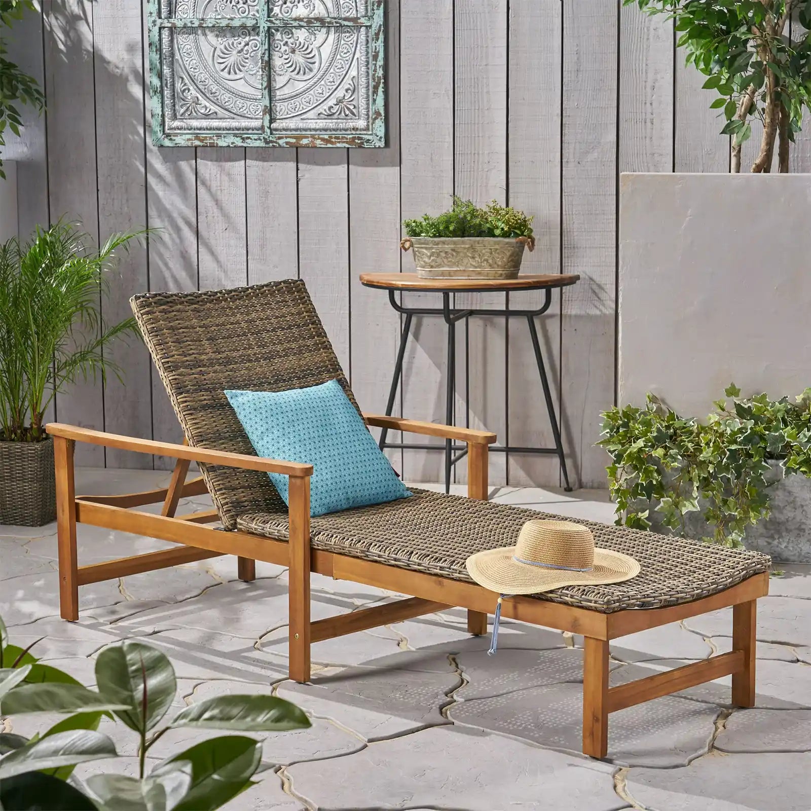 Outdoor Rustic Acacia Wood Chaise Lounge with Wicker Seating
