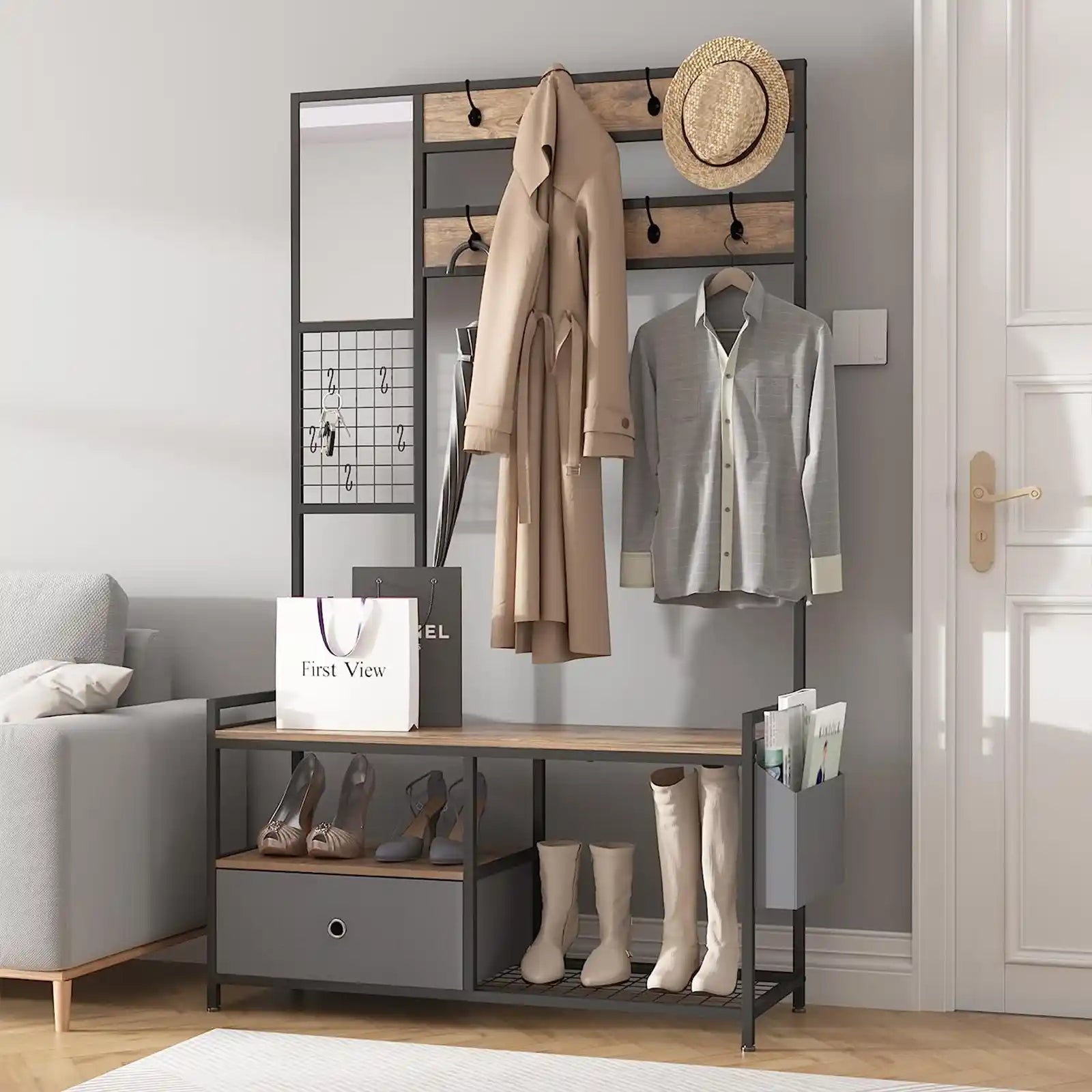 Entryway Hall Tree with Drawer,Coat Rack with Mirror,Vintage Industrial Hall Tree with Shoe Bench,5-in-1 Storage Rack with 8 Hooks and Grid Panel