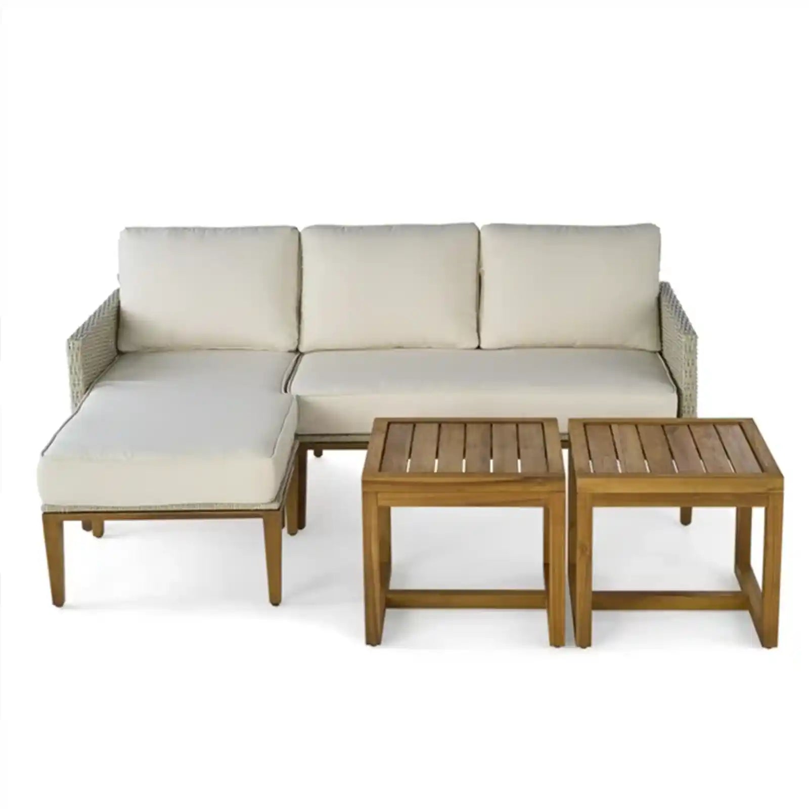 Sofa Lounger with Two Acacia Wood Table with Cushions - White Color