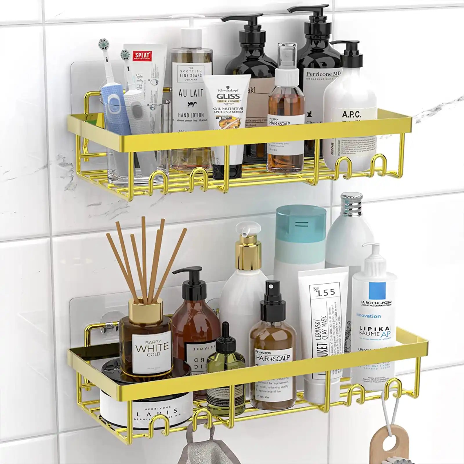 2 Pack Shower Caddy Shelf Organizer Rack, Bathroom Gadgets Accessories Decor, Household Essentials, Self Adhesive Shelves Organization and Storage