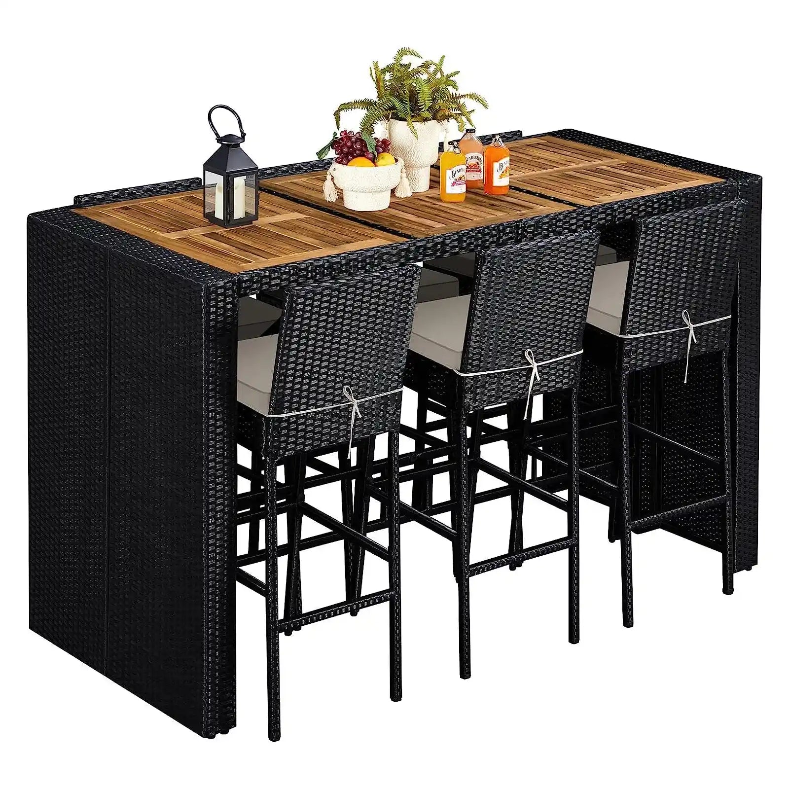 7 Piece Patio Dining Set Outdoor Acacia Wood Bar Table and Barstool Chairs with Removable Cushions, Patio Wicker Furniture Set for Deck, Backyard, Garden