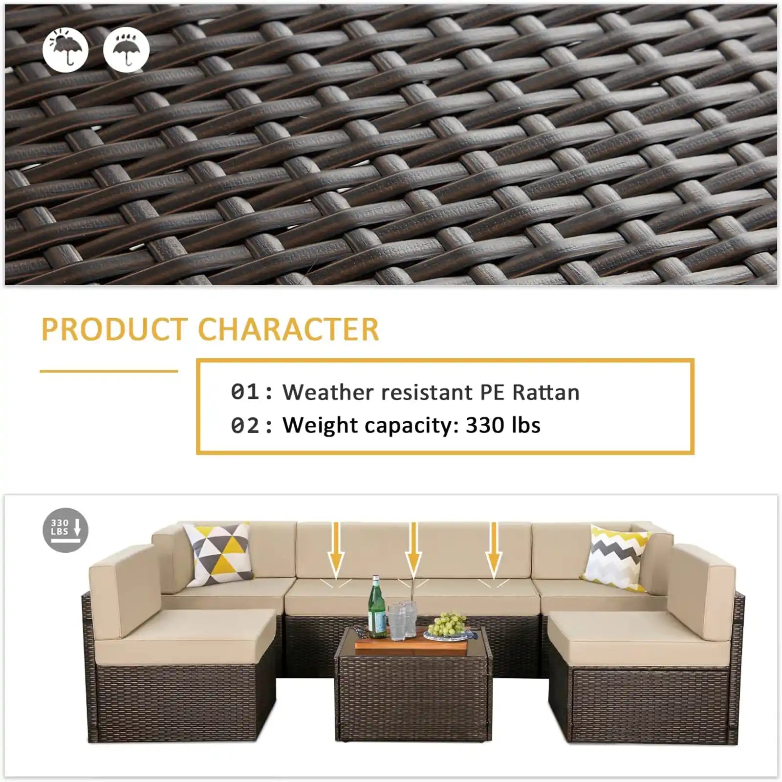 7 Piece Outdoor Patio Furniture Set, PE Rattan Wicker Sofa Set, Outdoor Sectional Furniture Chair Set with Cushions and Tea Table