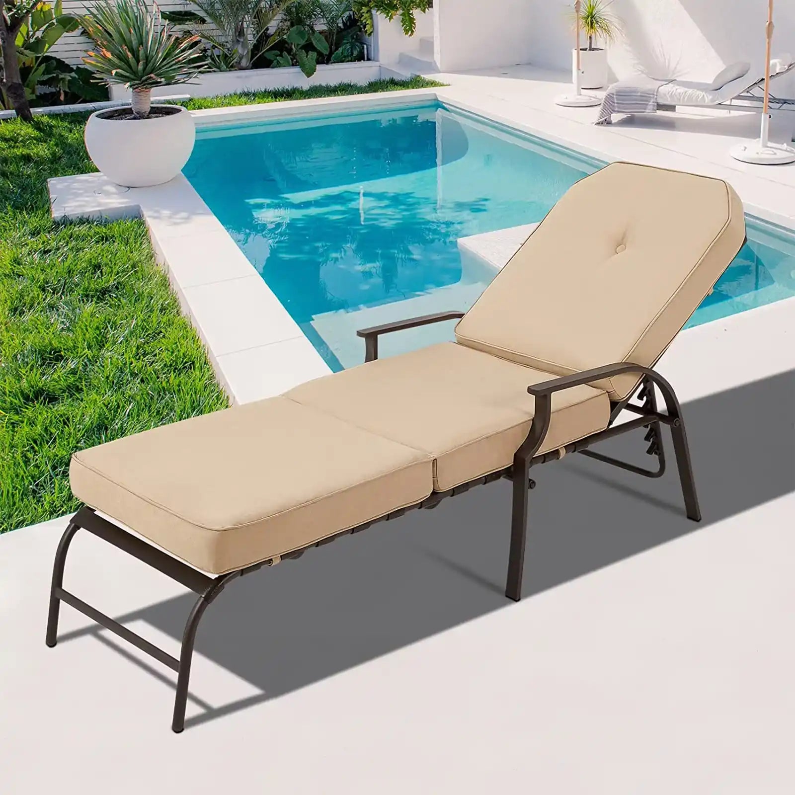 Adjustable Outdoor Chaise Lounge Chair for Patio, Poolside with UV-Resistant Cushion