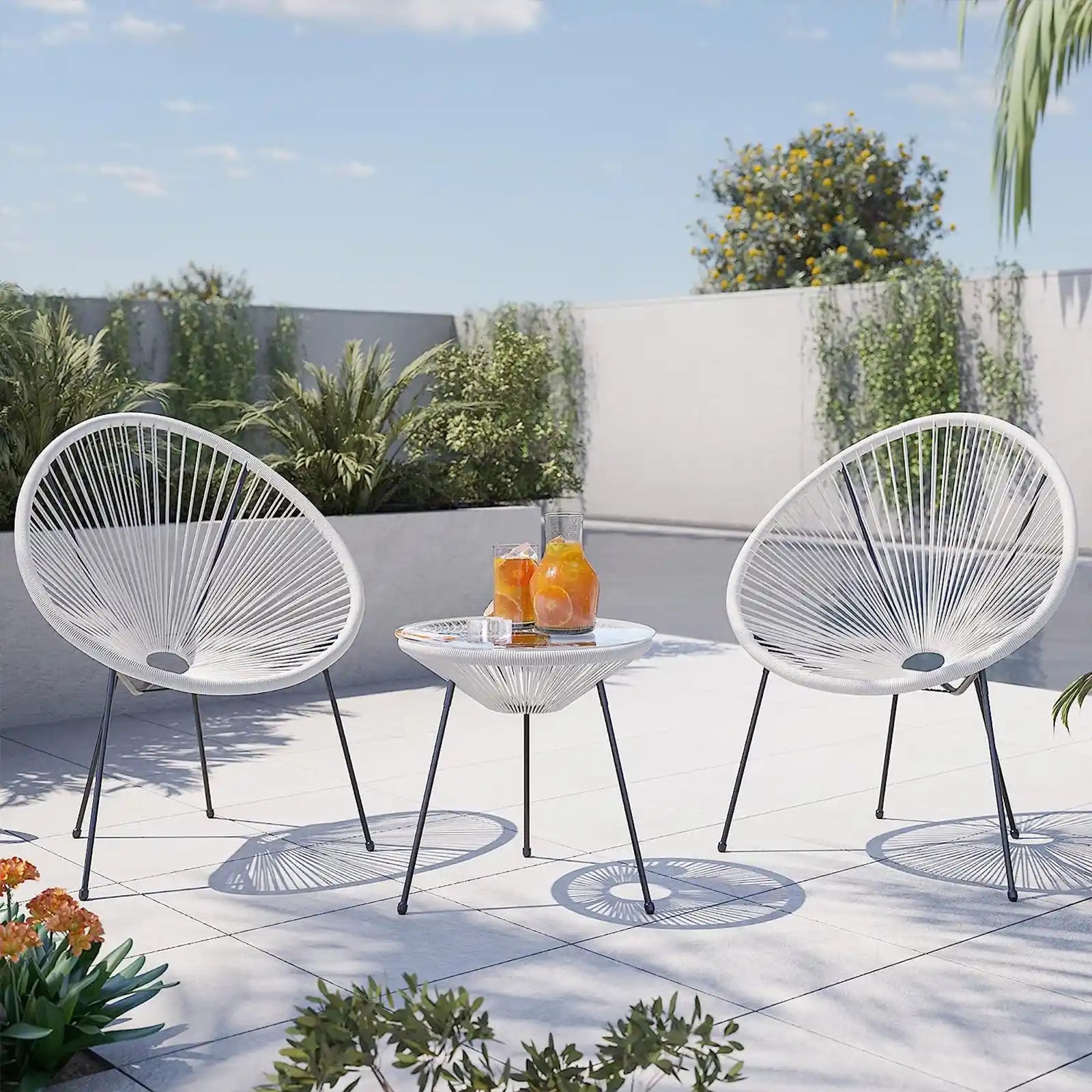 3 Piece Modern Rattan Patio Bistro Set with Round Chairs and Glass Top Accent Table, Wicker Outdoor Furniture for Backyard or Porch