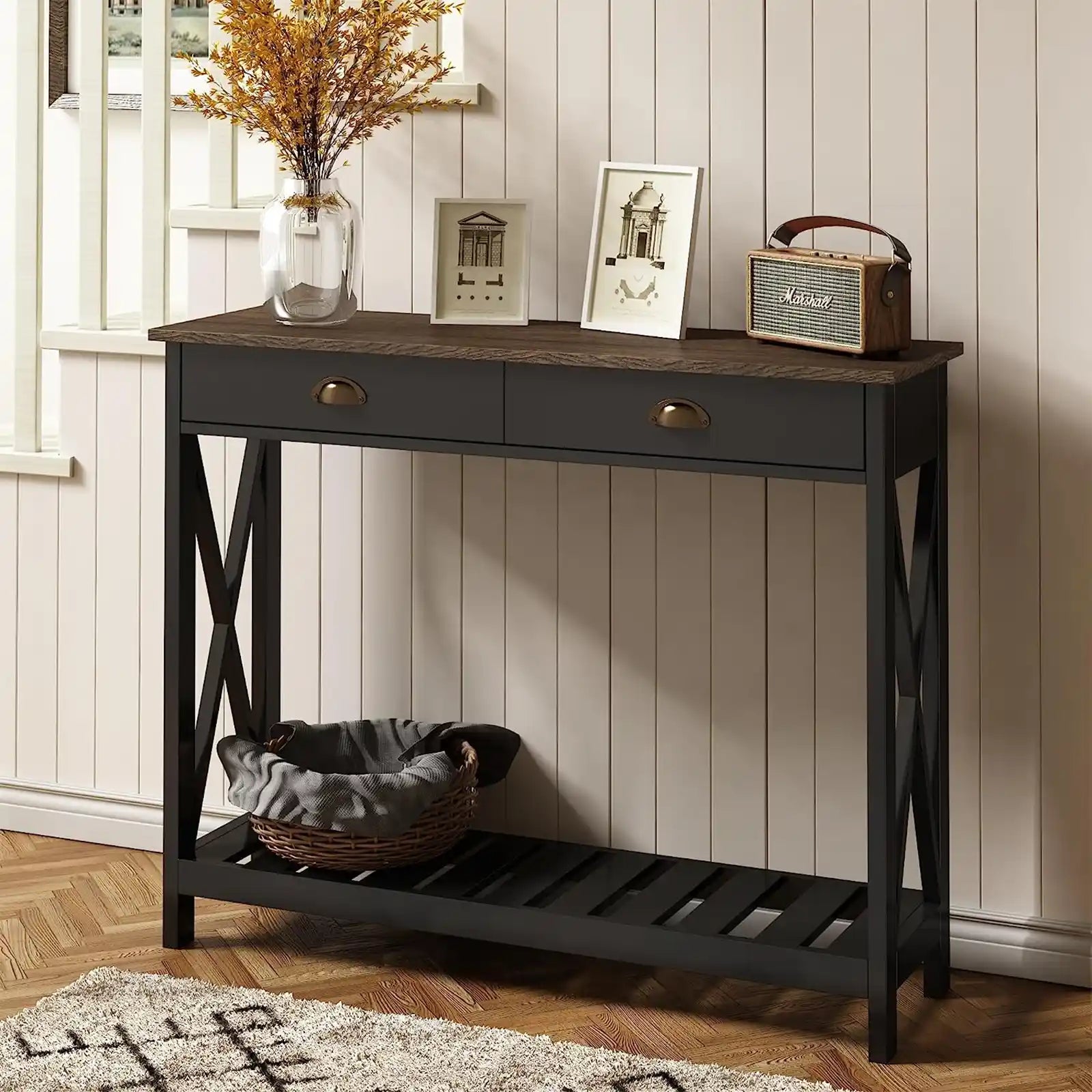 Farmhouse Console Table with Drawer for Entryway, Narrow Long Entry Table with Shelf for Living Room, Rustic Vintage Hallway Sofa Table with Stable X Supports