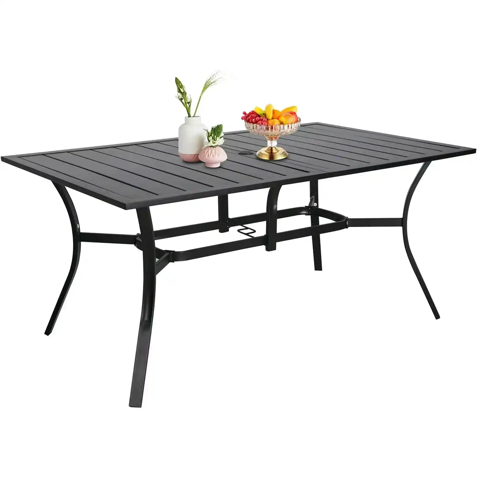 Mesa de comedor al aire libre, mesa rectangular de listones de acero para Patio para 6 personas con orificio para sombrilla 