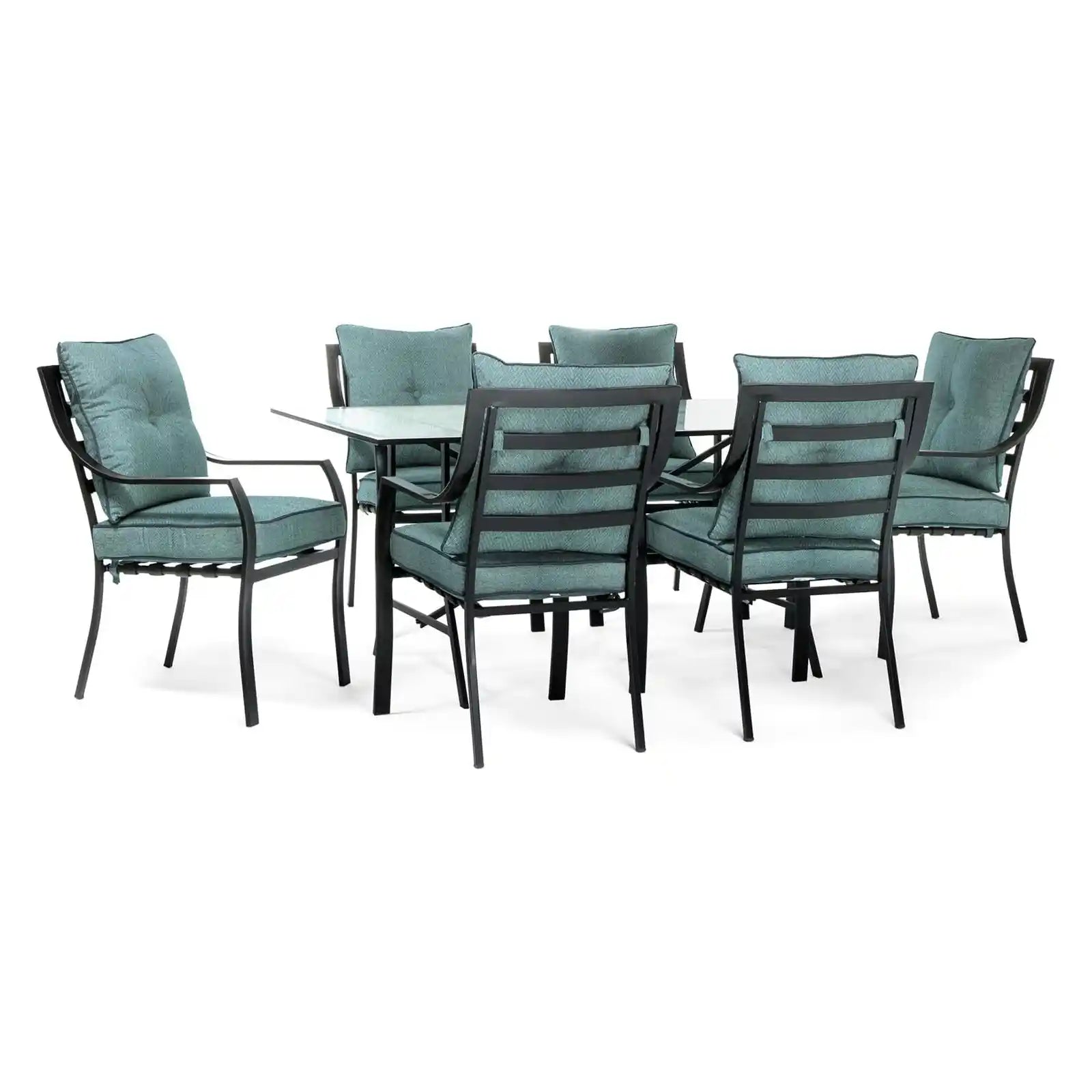 Juego de comedor para patio al aire libre de acero de 7 piezas con cojines azul océano, 6 sillas de comedor y mesa de comedor rectangular de vidrio templado
