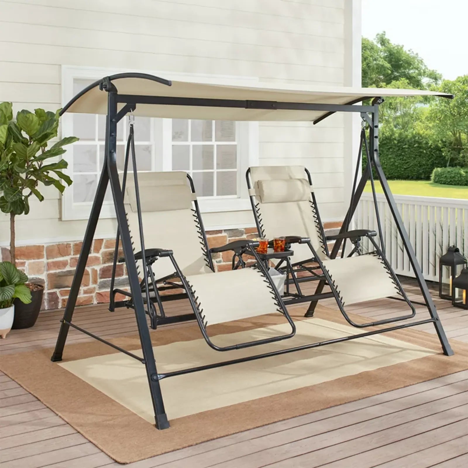 Outdoor Reclining Swing with Canopy and Center Storage Console for 2 Person