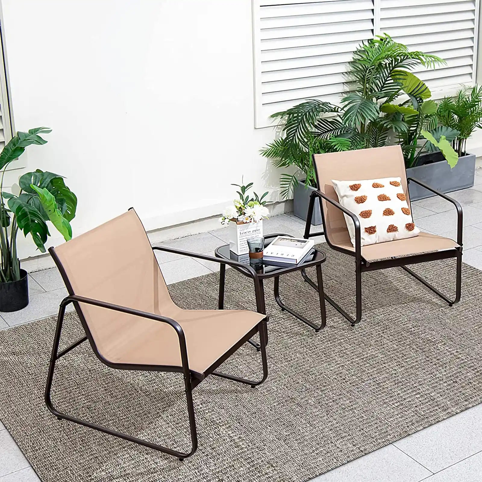 3 Pieces Patio Conversation Set, Outdoor Metal Chair & Table Set, Breathable Fabric & Tempered Glass Tabletop, Metal Frame Furniture Set for Backyard