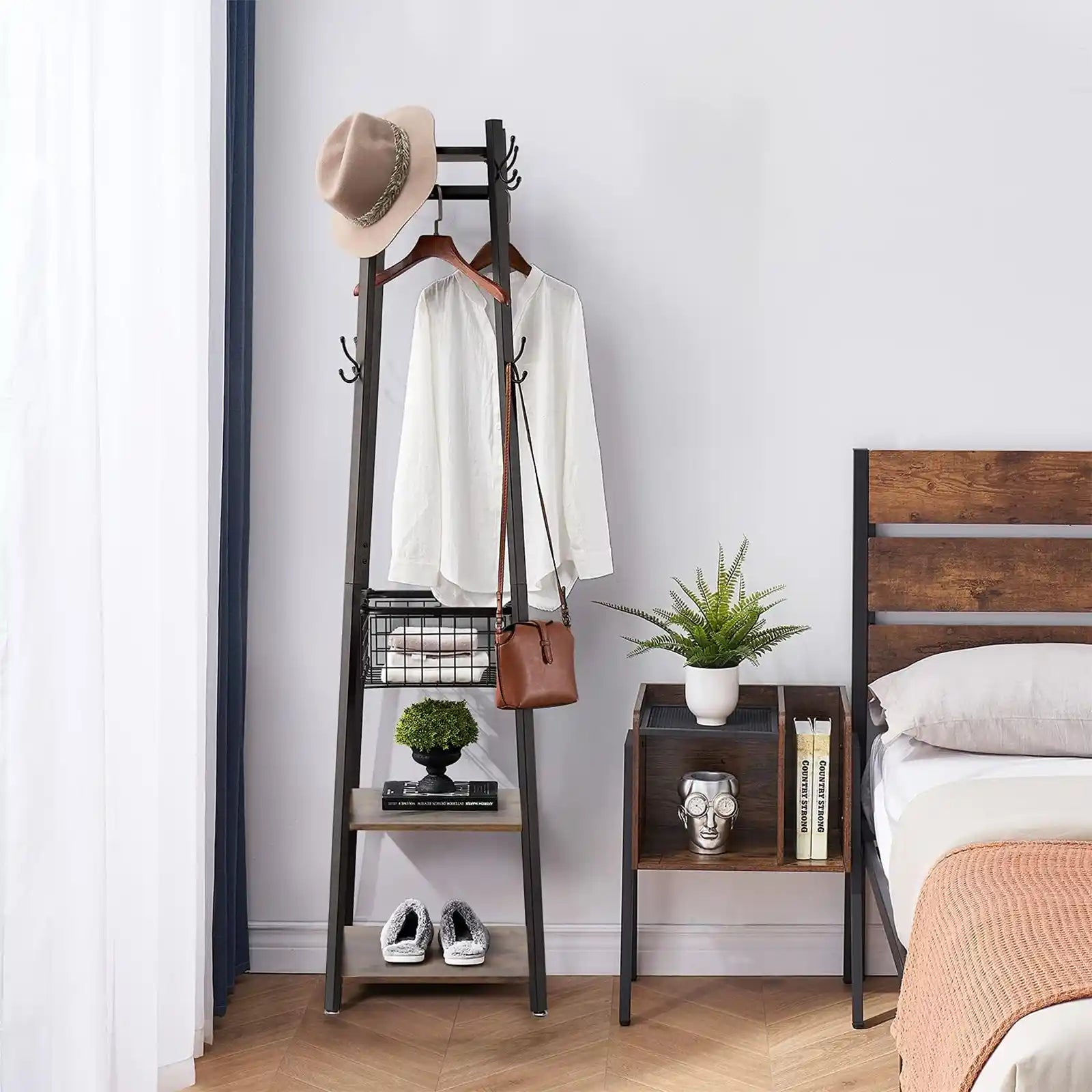 Industrial Coat Rack Stand, Hall Trees Freestanding, Entryway Clothes Stand with Metal Basket and 2 Shelves, Purse Hanger with 8 Dual Hooks/Stable Structure for Hats Bags and Scarves