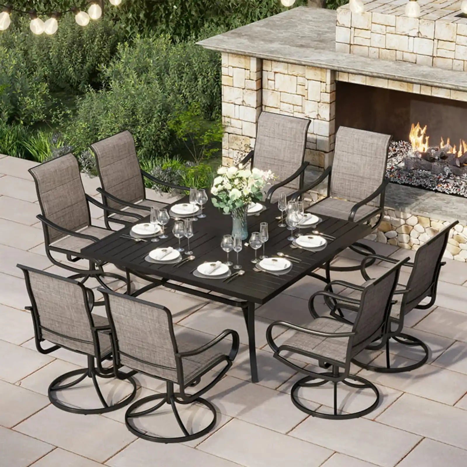 Outdoor Dining Set with Large Square Table and Swivel Padded Chairs for 8-Person