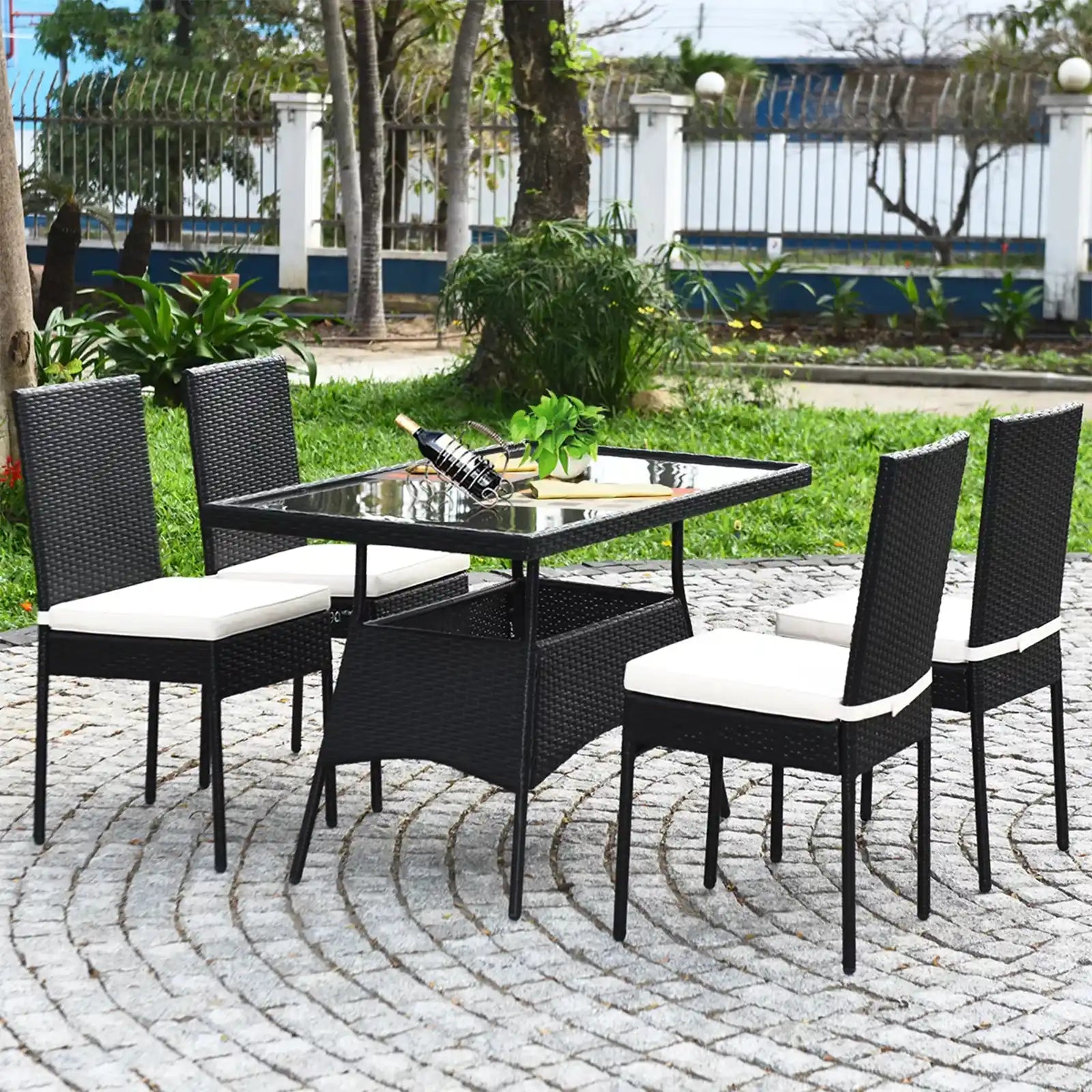 5 Pieces Patio Dining Set Rattan Wicker Chairs and Table with Glass Top