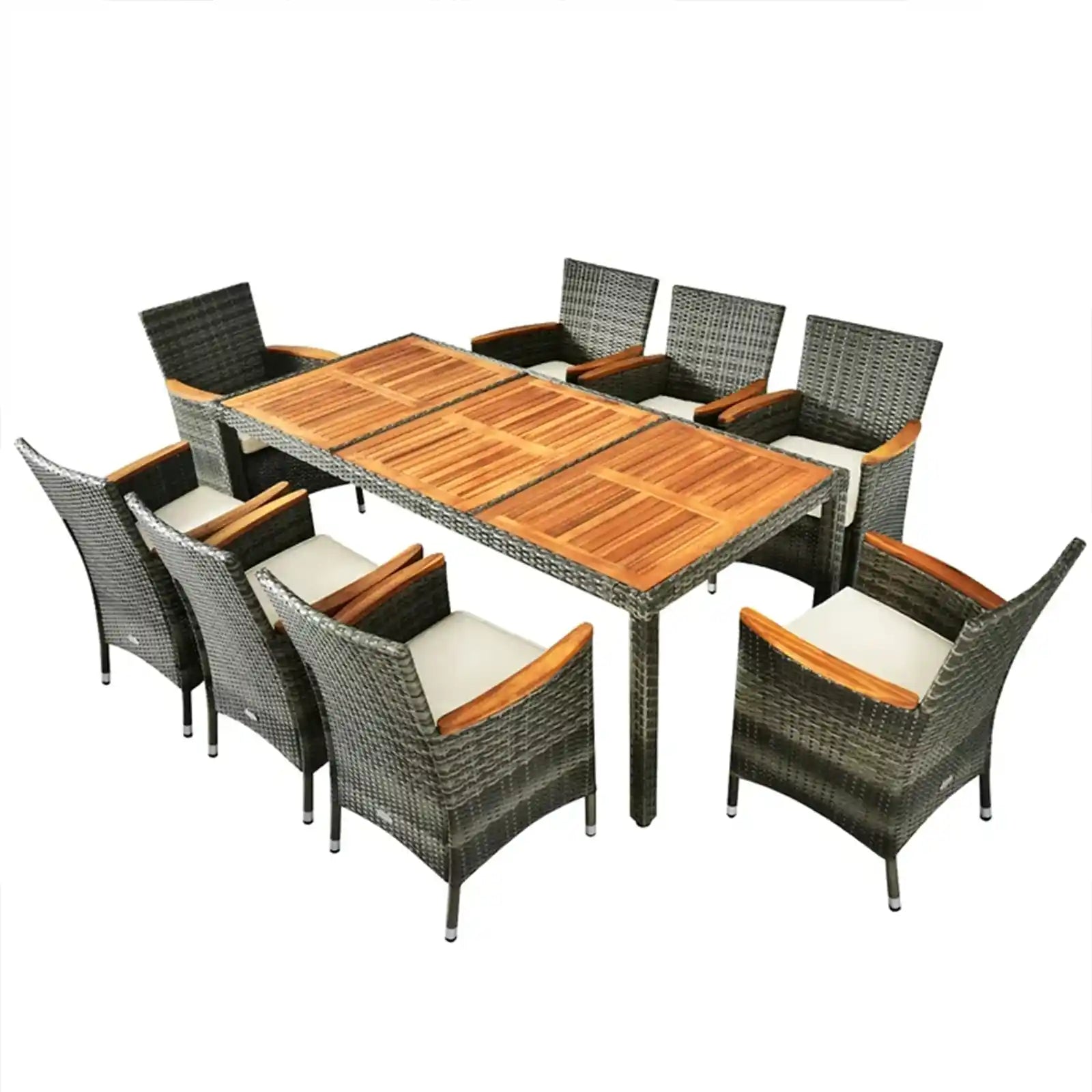 9-Piece Patio Rattan Dining Set with Acacia Wood Table and Cushioned Chairs