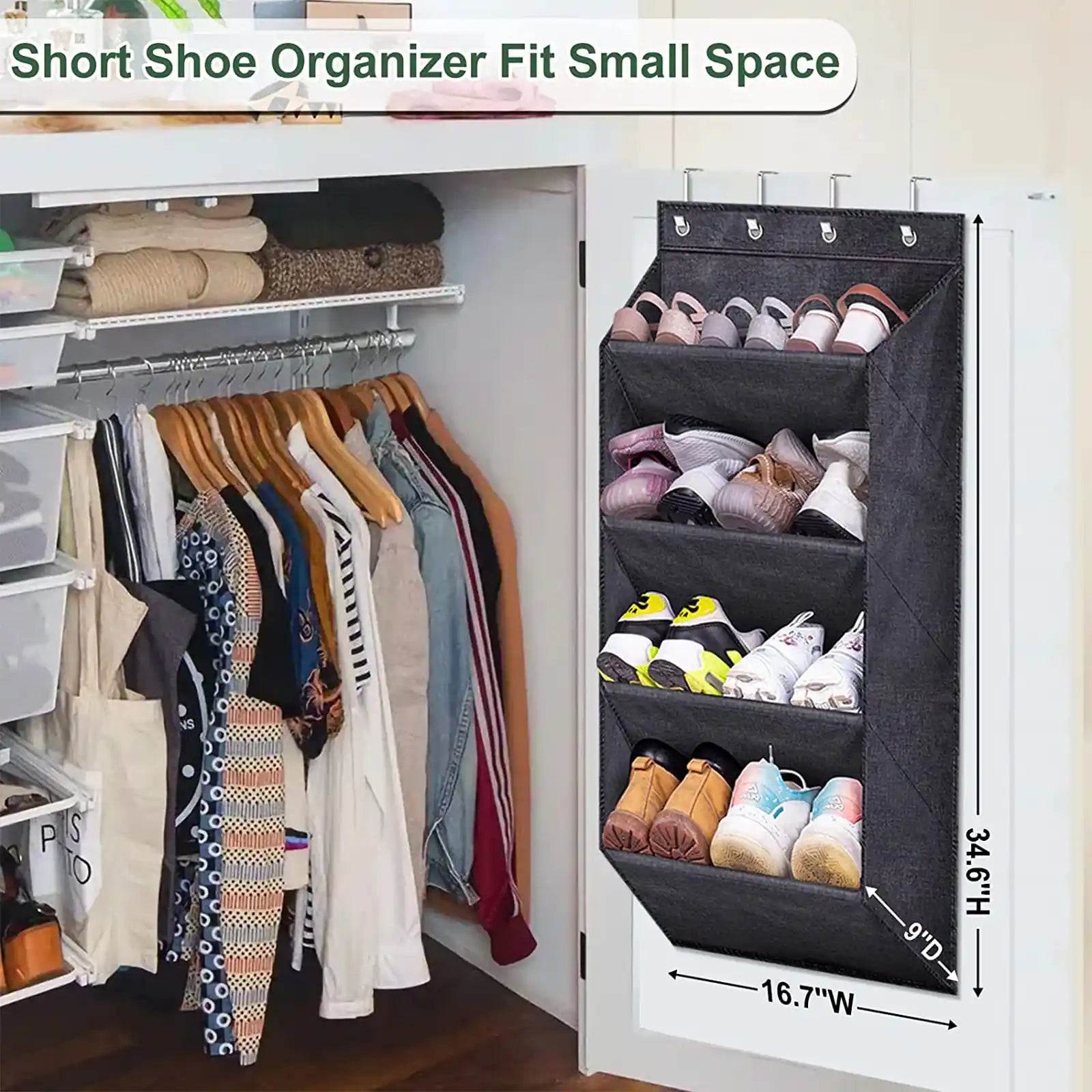 Over the Door Shoe Rack for Closet, Short Hanging Shoe Organizer with Large Deep Pockets, Narrow Door Shoe Storage for Boots in RV, Dorm