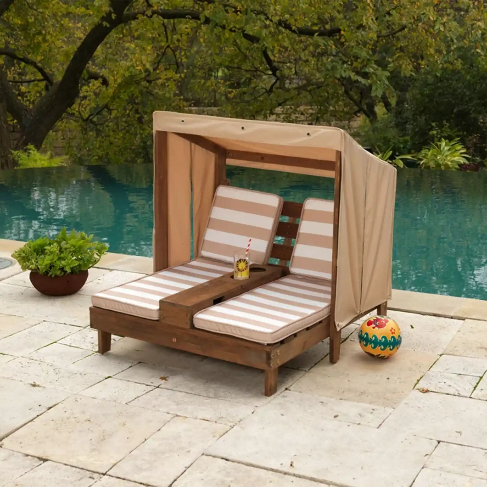 Chaise Lounge doble de madera para exteriores para niños, portavasos