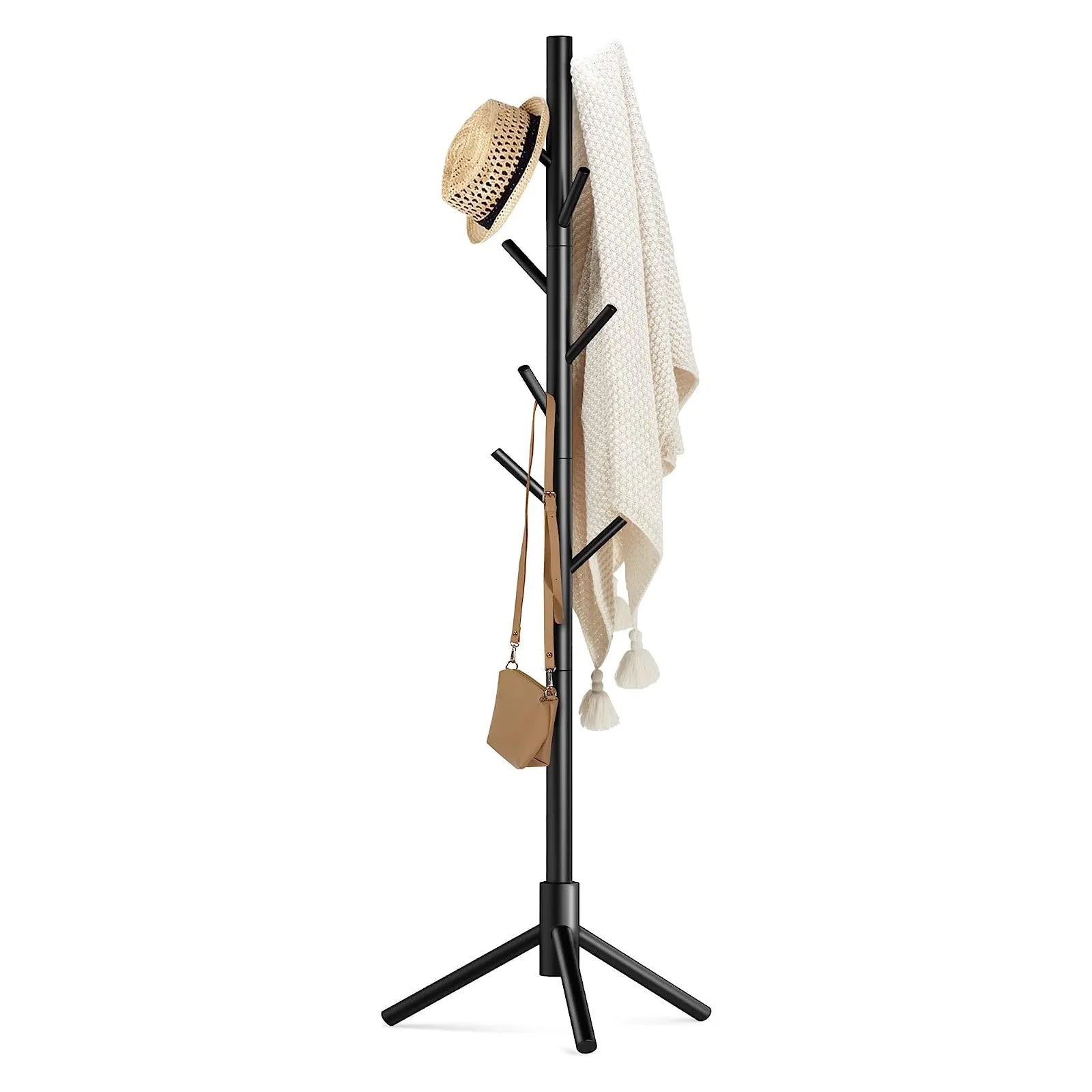 Wooden Coat Rack Stand with 8 Hooks Pine Adjustable Coat Standing Tree Easy Assembly for Coats, Hats, Scarves and Handbags for Entryway, Hallway, Bedroom, Office