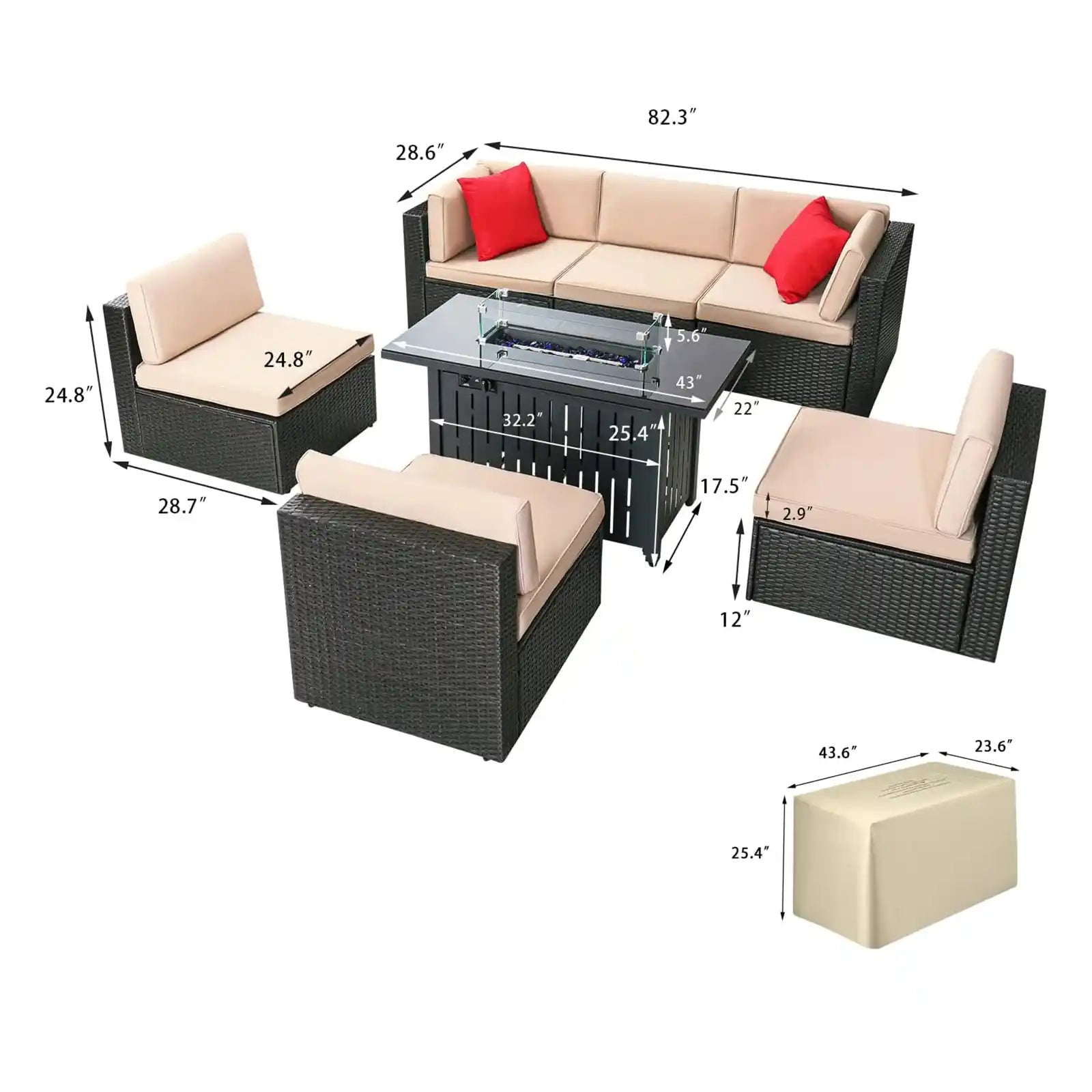 7 Pieces Outdoor Patio Furniture Set Sectional Sofa Set with Propane Fire Pit Table and Cushions for Backyard, Bistro and Poolside