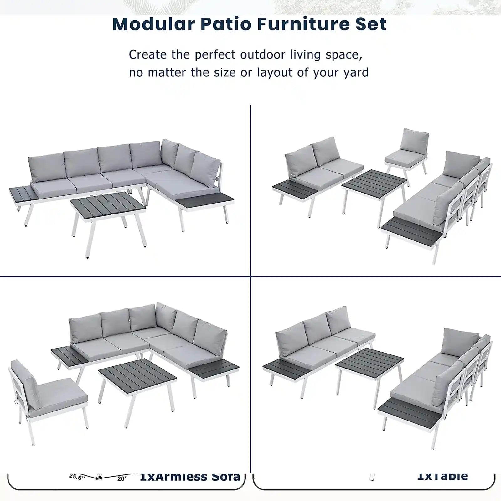 Industrial 5-Piece Aluminum Outdoor Patio Furniture Set, Modern Garden Sectional Sofa Set with End Tables, Coffee Table and Furniture Clips for Backyard