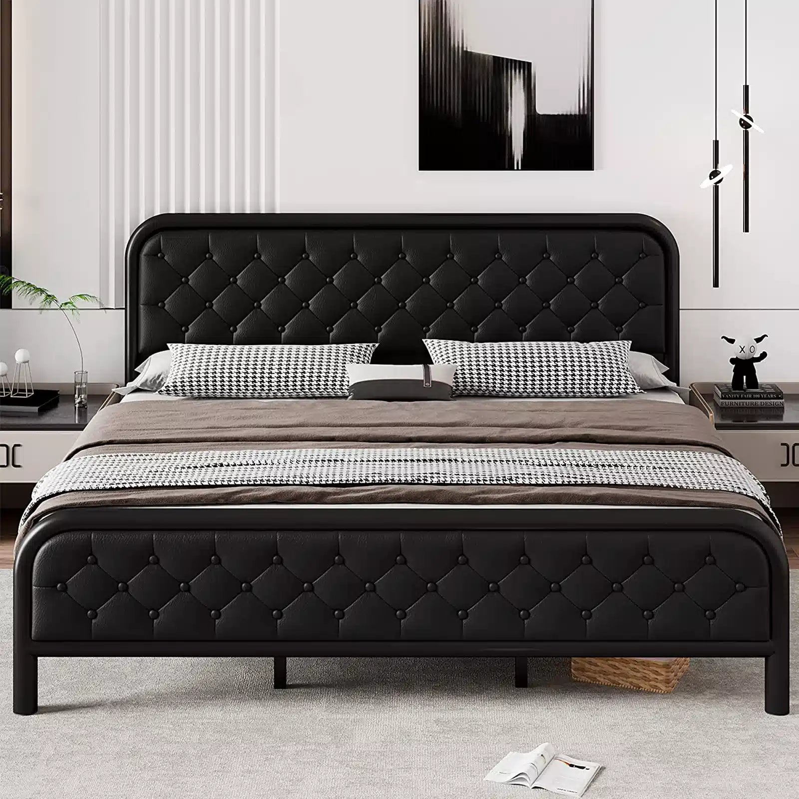 Metal Bed Frame, Heavy-Duty Platform Bed Frame with Faux Leather Button Tufted Headboard, 12" Storage Space, Thick Steel Slats