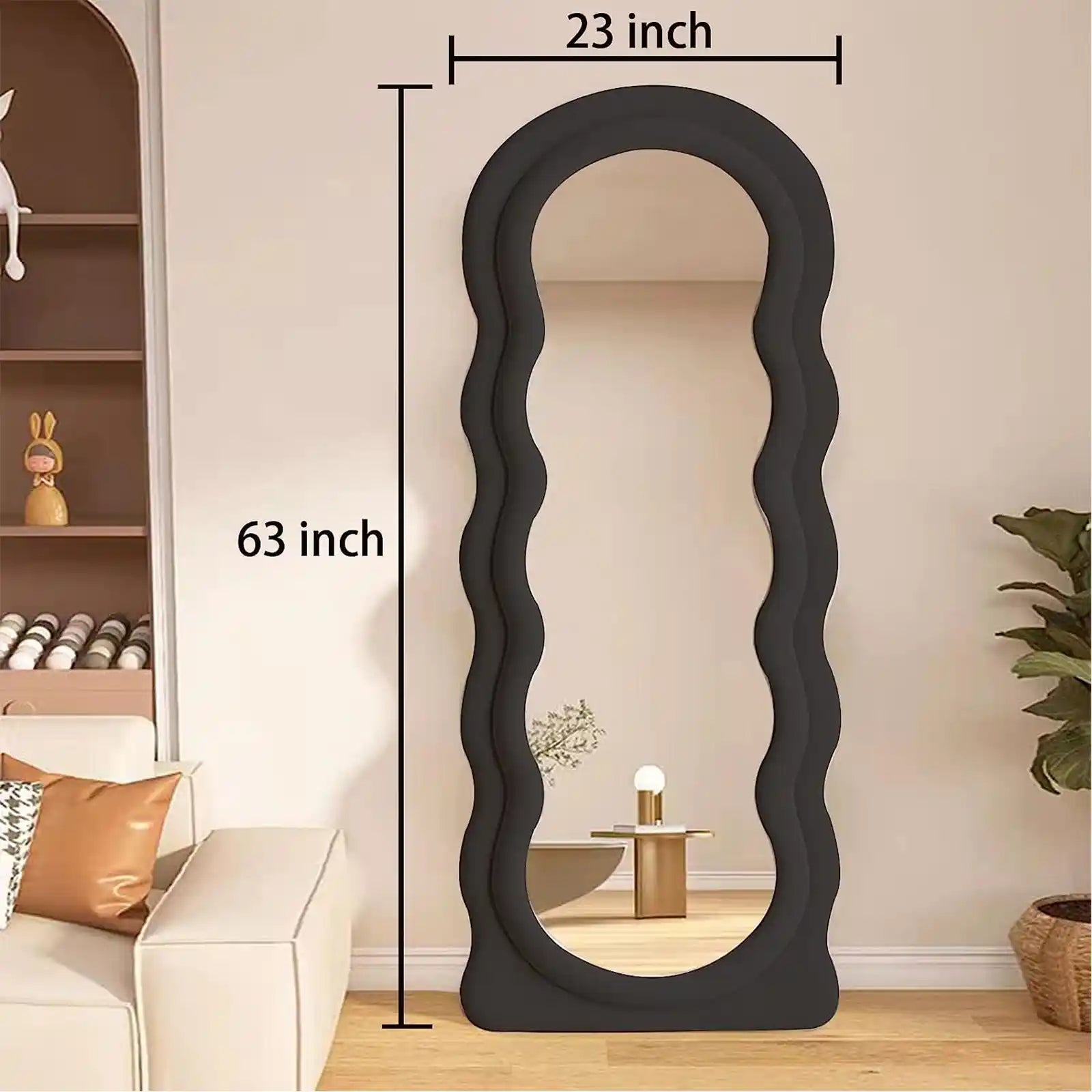 Full Length Mirror 63"x24", Irregular Wavy Mirror, Wave Floor Mirror, Wall Mounted Mirror Standing or Leaning Against Wall for Bedroom Living Room, Flannel Wrapped Wooden Frame Mirror-Black