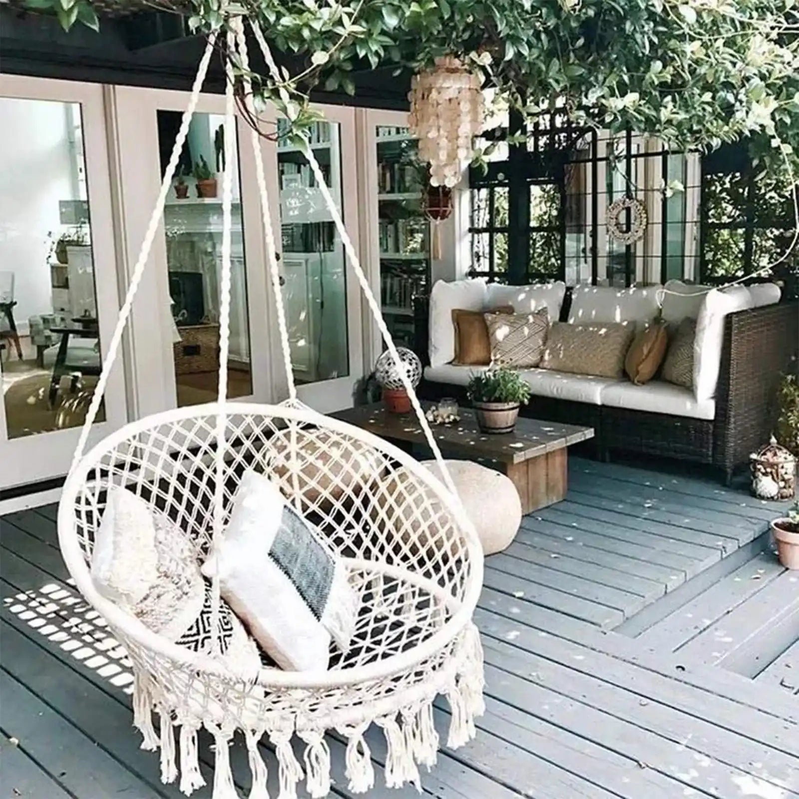 Hammock Chair Macrame Swing, Handmade Knitted Hanging Cotton Rope Chair for Indoor/Outdoor Home Patio Deck Yard Garden Reading Leisure