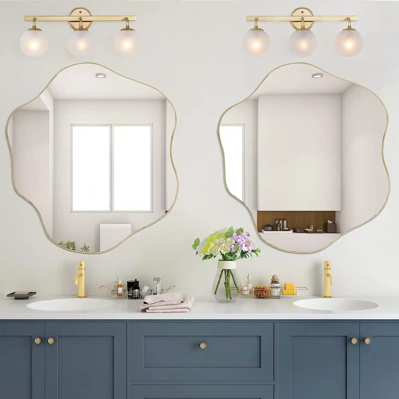 Espejo de pared irregular, espejo asimétrico, espejo ondulado, decoración de pared de espejo de forma irregular, espejo de pared único, espejo garabato con marco dorado para sala de estar, baño, entrada, 30 x 26.8 pulgadas 