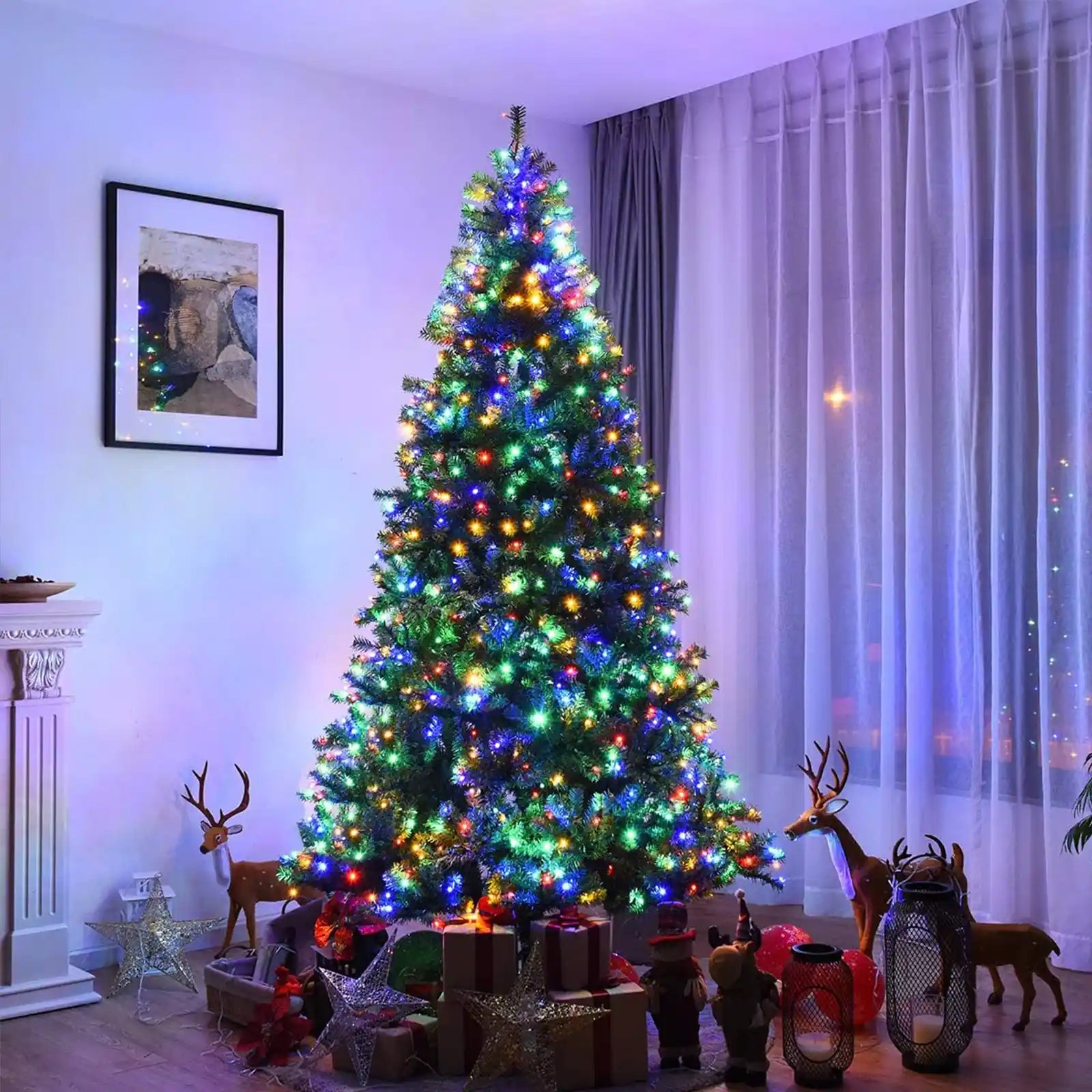 Árbol de Navidad preiluminado de 8 pies con luz LED multicolor y color blanco cálido con 2129 puntas de ramas Apariencia completa para vacaciones, fiestas y decoración del hogar