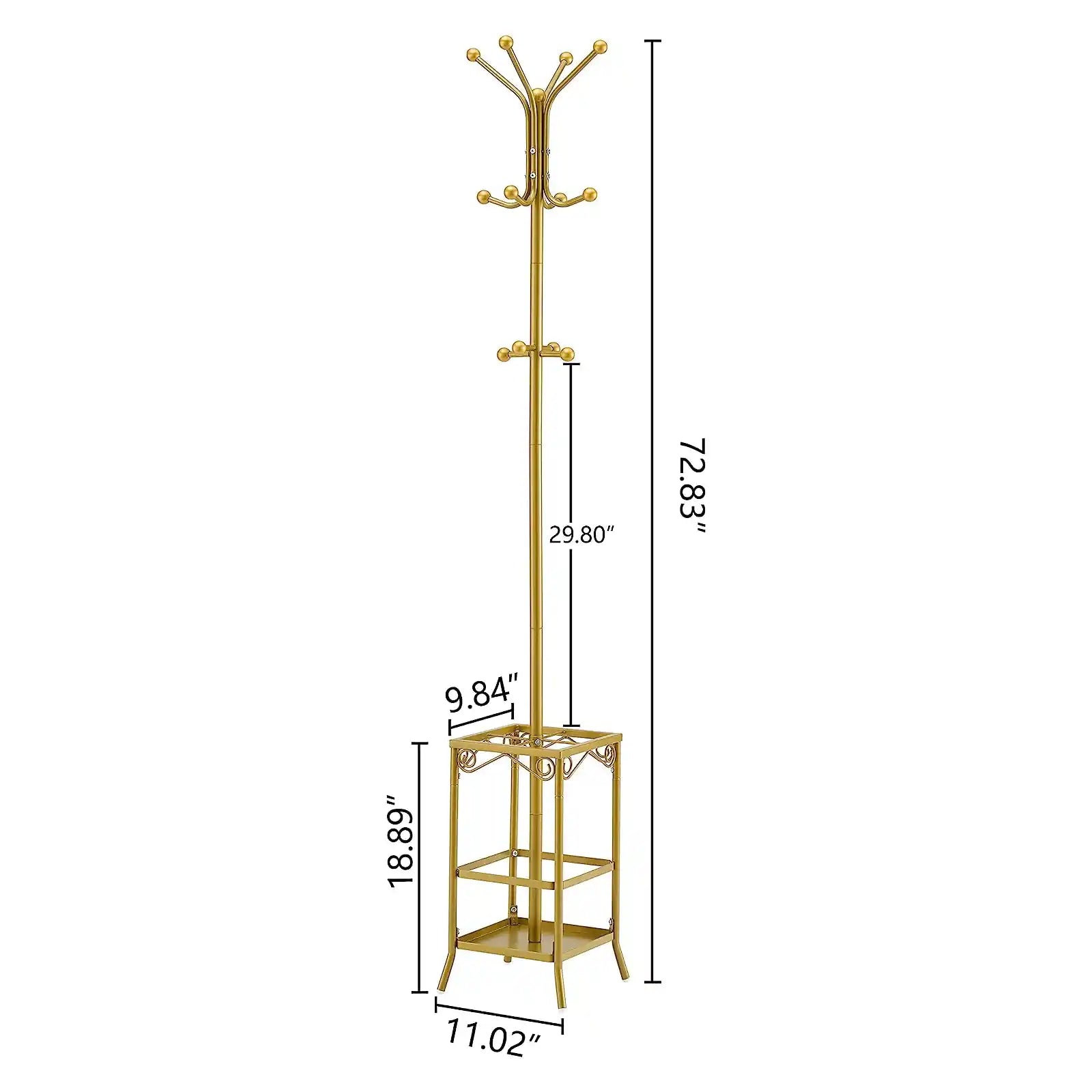 Coat Rack Freestanding,Entryway Coat Hanger Stand,Umbrella Holder,Hall Tree With 12 Hooks,Standing Coat Rack,Floor Standing Metal Umbrella Tree Stand, Gold