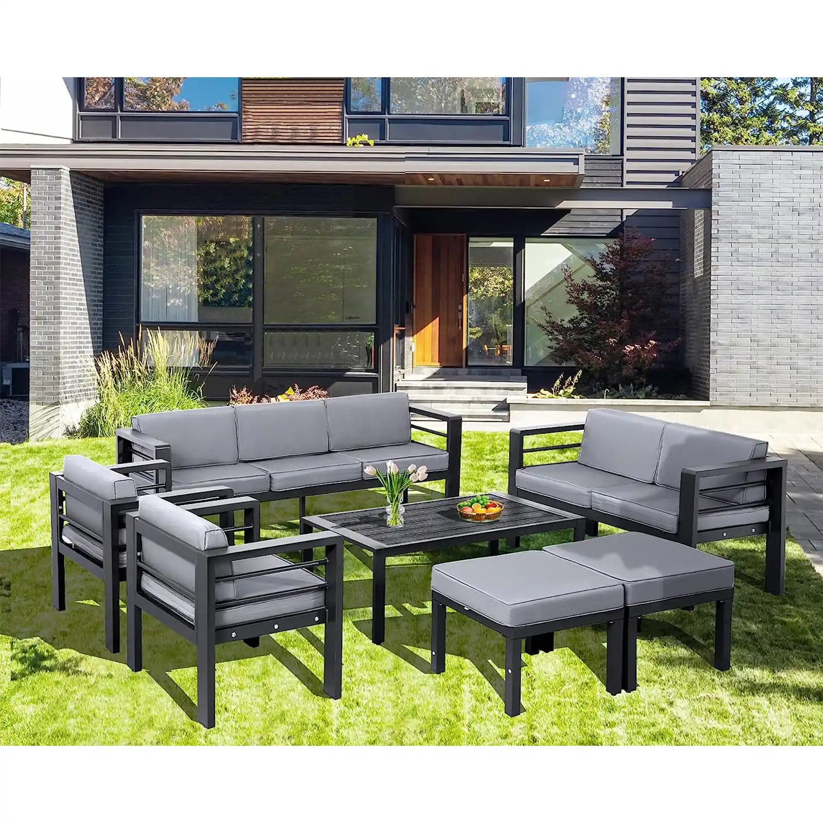 Juego de muebles de patio de aluminio de gran tamaño, 7 piezas, moderno sofá seccional para exteriores, para todo tipo de clima, juego de conversación con cómodos cojines grises, otomanas y mesa 