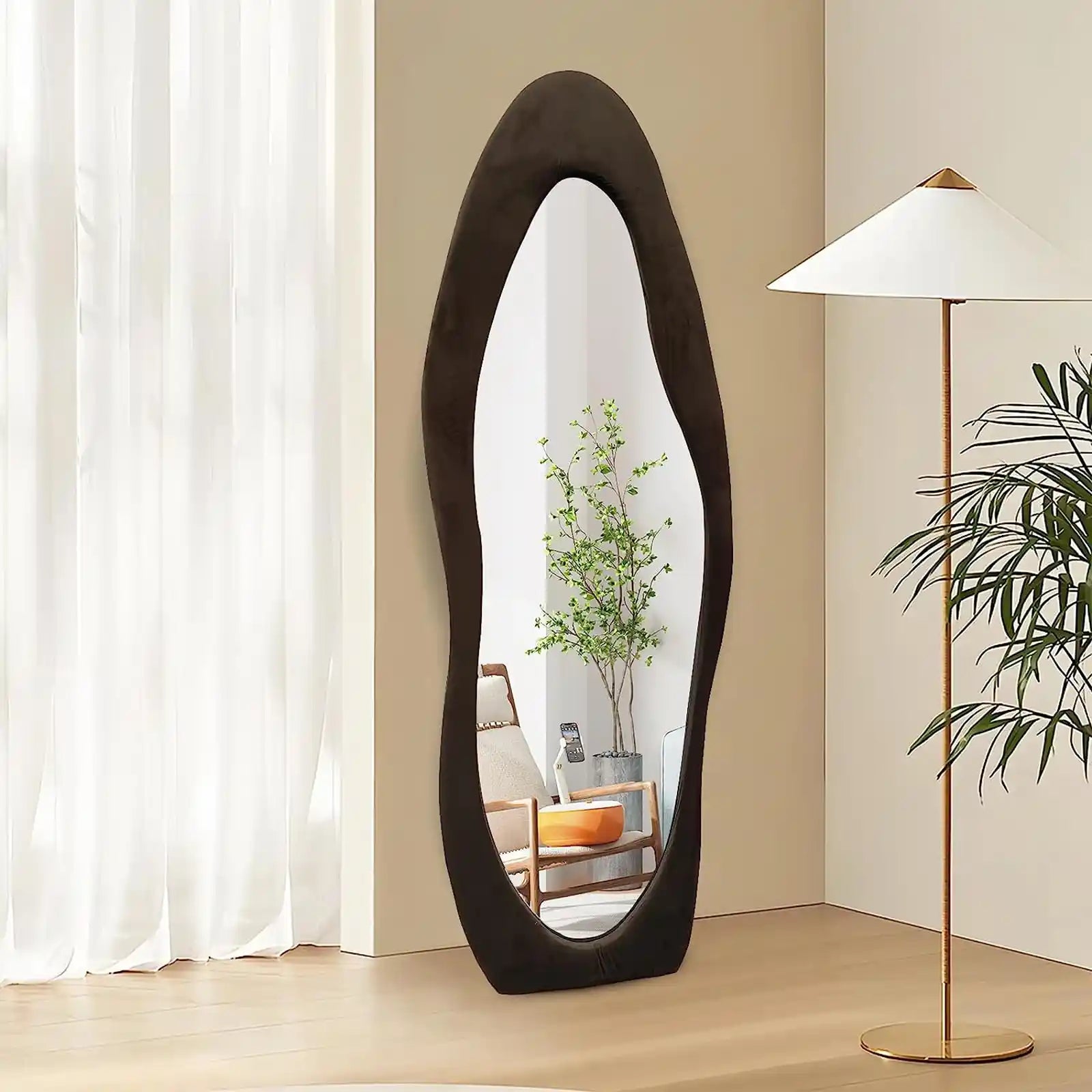Irregular Full Length Mirror 63"x24", Flannel Wrapped Wooden Frame Full Body Mirror, Floor Mirror Full Length, Wavy Mirror Hanging or Leaning Against Wall for Cloakroom/Bedroom/Living Room
