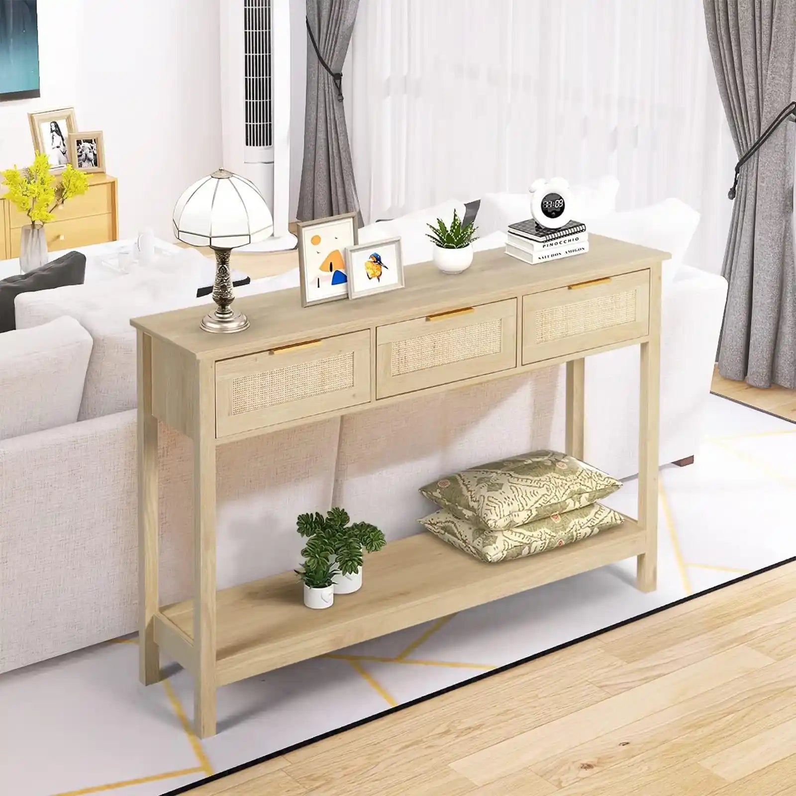 Rattan Console Table Boho Entryway Table Narrow Long Sofa Table Hallway Foyer Table Behind Couch Table with 3 Drawers and Open Storage Shelf for Living Room and Corridor Natural Wood