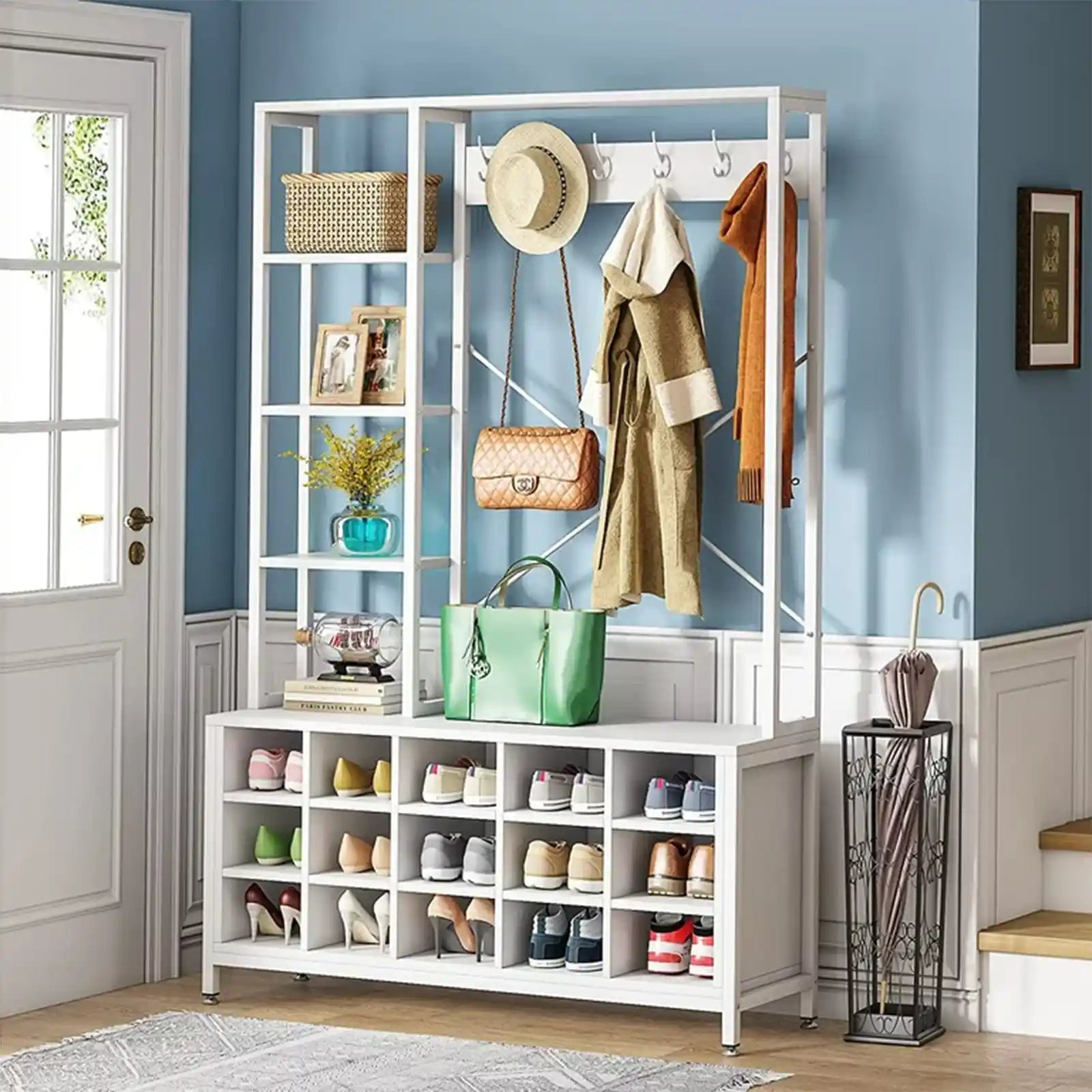 Entryway Hall Tree with Shoe Bench & Coat Rack, Modern Mudroom Bench with Shoe Storage and Coat Rack Hooks, White
