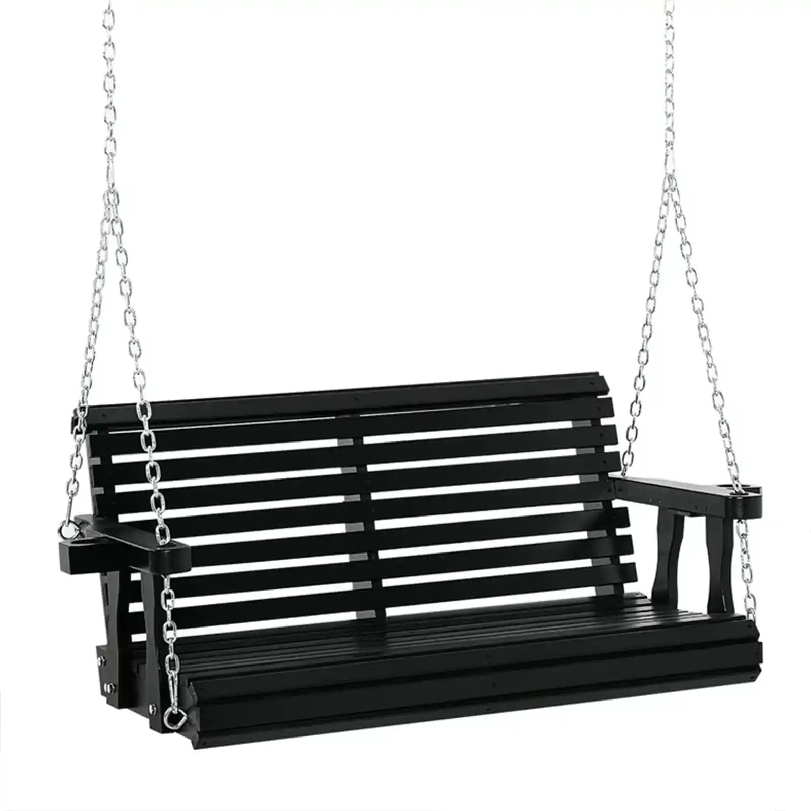 Porch Swing with Chains and Cupholders, 2 Person Wooden Patio Swing Chair for Garden, Poolside, Backyard